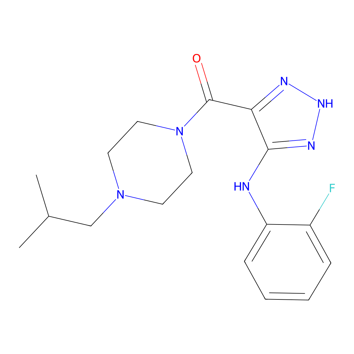 {5-[(2-fluorophenyl)amino]-1H-1,2,3-triazol-4-yl}[4-(2-methylpropyl)piperazin-1-yl]methanone molecular structure, CAS 1291834-27-9
