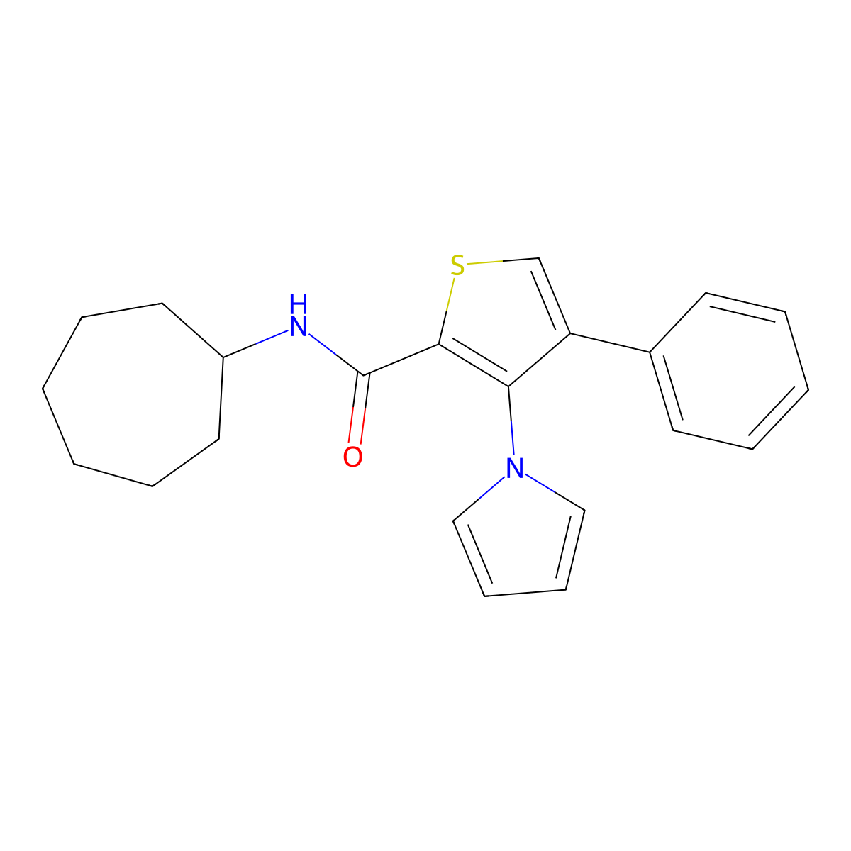 N-cycloheptyl-4-phenyl-3-(1H-pyrrol-1-yl)thiophene-2-carboxamide molecular structure, CAS 1291837-94-9