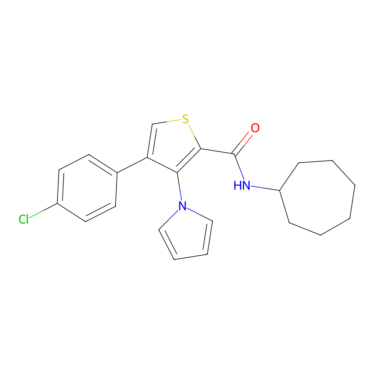 4-(4-chlorophenyl)-N-cycloheptyl-3-(1H-pyrrol-1-yl)thiophene-2-carboxamide molecular structure, CAS 1291840-10-2