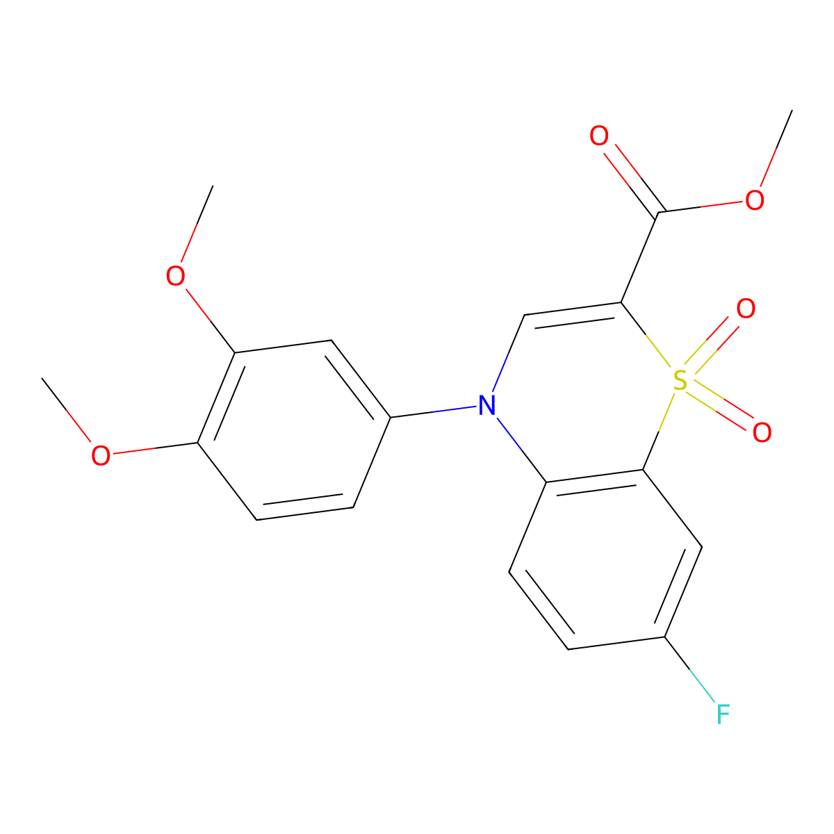 methyl 4-(3,4-dimethoxyphenyl)-7-fluoro-4H-1,4-benzothiazine-2-carboxylate 1,1-dioxide molecular structure, CAS 1291842-34-6