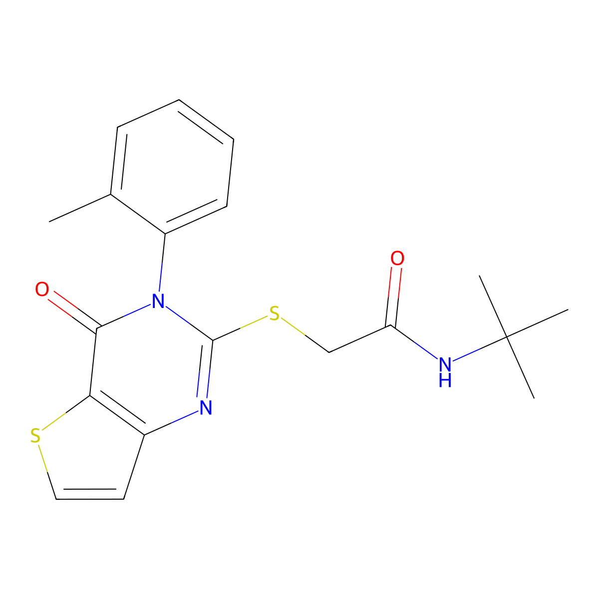 N-tert-butyl-2-{[3-(2-methylphenyl)-4-oxo-3,4-dihydrothieno[3,2-d]pyrimidin-2-yl]sulfanyl}acetamide molecular structure, CAS 1291843-39-4