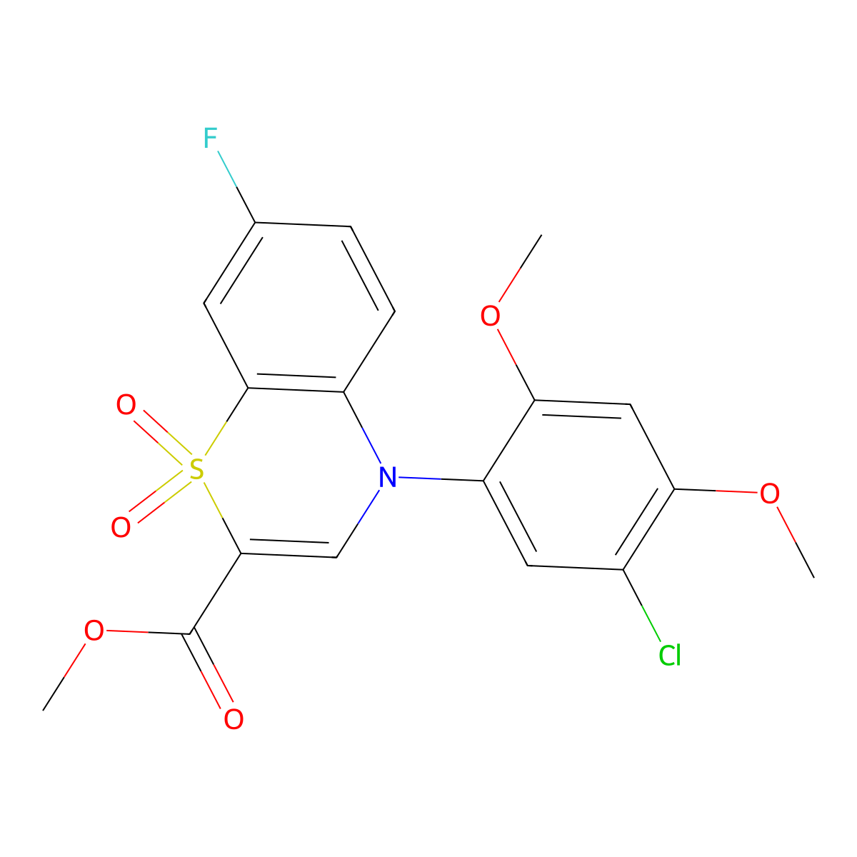 methyl 4-(5-chloro-2,4-dimethoxyphenyl)-7-fluoro-4H-1,4-benzothiazine-2-carboxylate 1,1-dioxide molecular structure, CAS 1291845-91-4