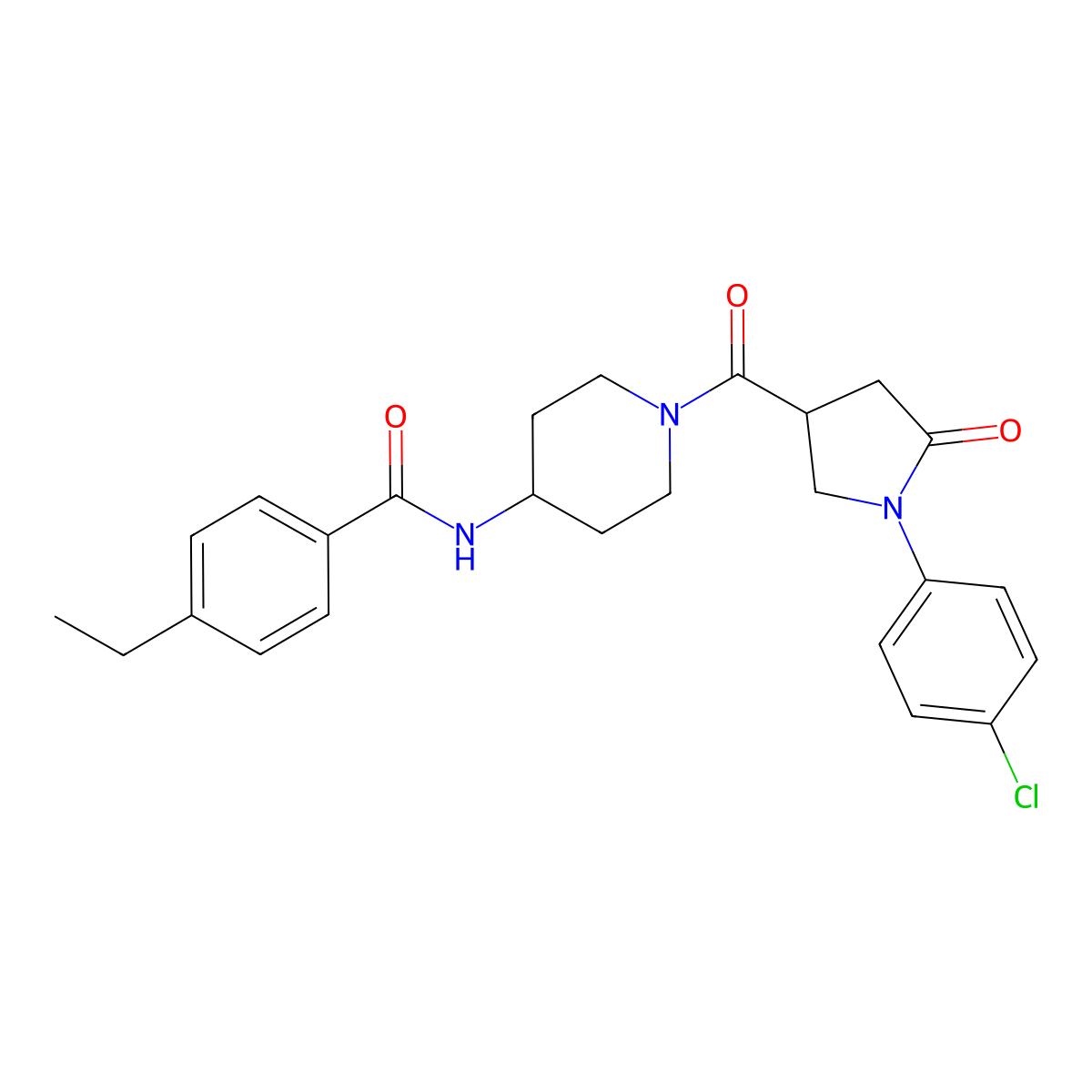 N-(1-{[1-(4-chlorophenyl)-5-oxopyrrolidin-3-yl]carbonyl}piperidin-4-yl)-4-ethylbenzamide molecular structure, CAS 1291845-95-8