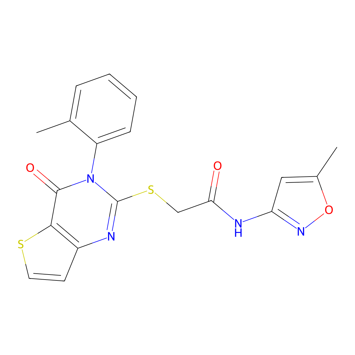 N-(5-methyl-1,2-oxazol-3-yl)-2-{[3-(2-methylphenyl)-4-oxo-3,4-dihydrothieno[3,2-d]pyrimidin-2-yl]sulfanyl}acetamide molecular structure, CAS 1291847-49-8