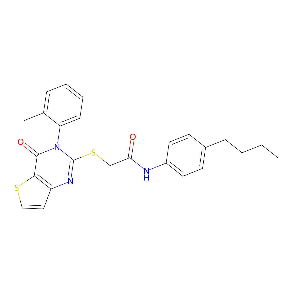 N-(4-butylphenyl)-2-{[3-(2-methylphenyl)-4-oxo-3,4-dihydrothieno[3,2-d]pyrimidin-2-yl]sulfanyl}acetamide molecular structure, CAS 1291847-93-2