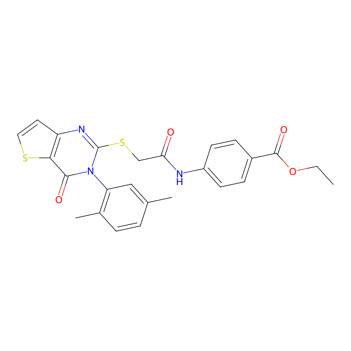 Ethyl 4-[({[3-(2,5-dimethylphenyl)-4-oxo-3,4-dihydrothieno[3,2-d]pyrimidin-2-yl]sulfanyl}acetyl)amino]benzoate molecular structure, CAS 1291848-18-4