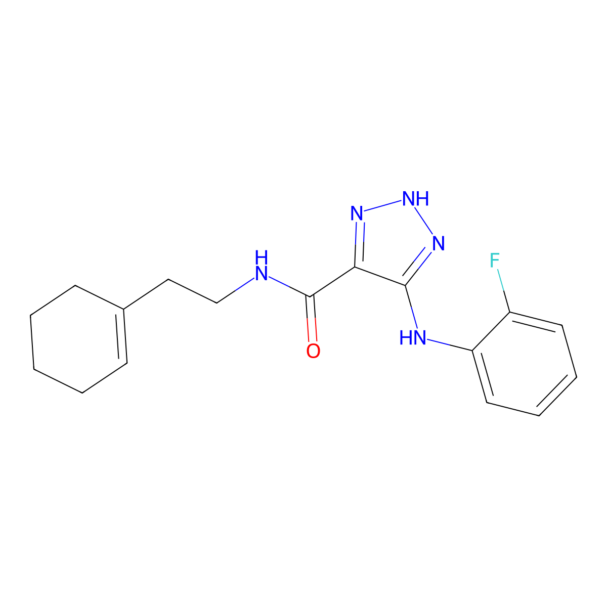 N-(2-(cyclohex-1-en-1-yl)ethyl)-5-((2-fluorophenyl)amino)-1H-1,2,3-triazole-4-carboxamide molecular structure, CAS 1291848-24-2