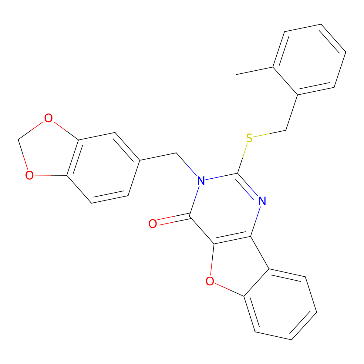 3-(1,3-benzodioxol-5-ylmethyl)-2-[(2-methylbenzyl)sulfanyl][1]benzofuro[3,2-d]pyrimidin-4(3H)-one molecular structure, CAS 1291848-28-6