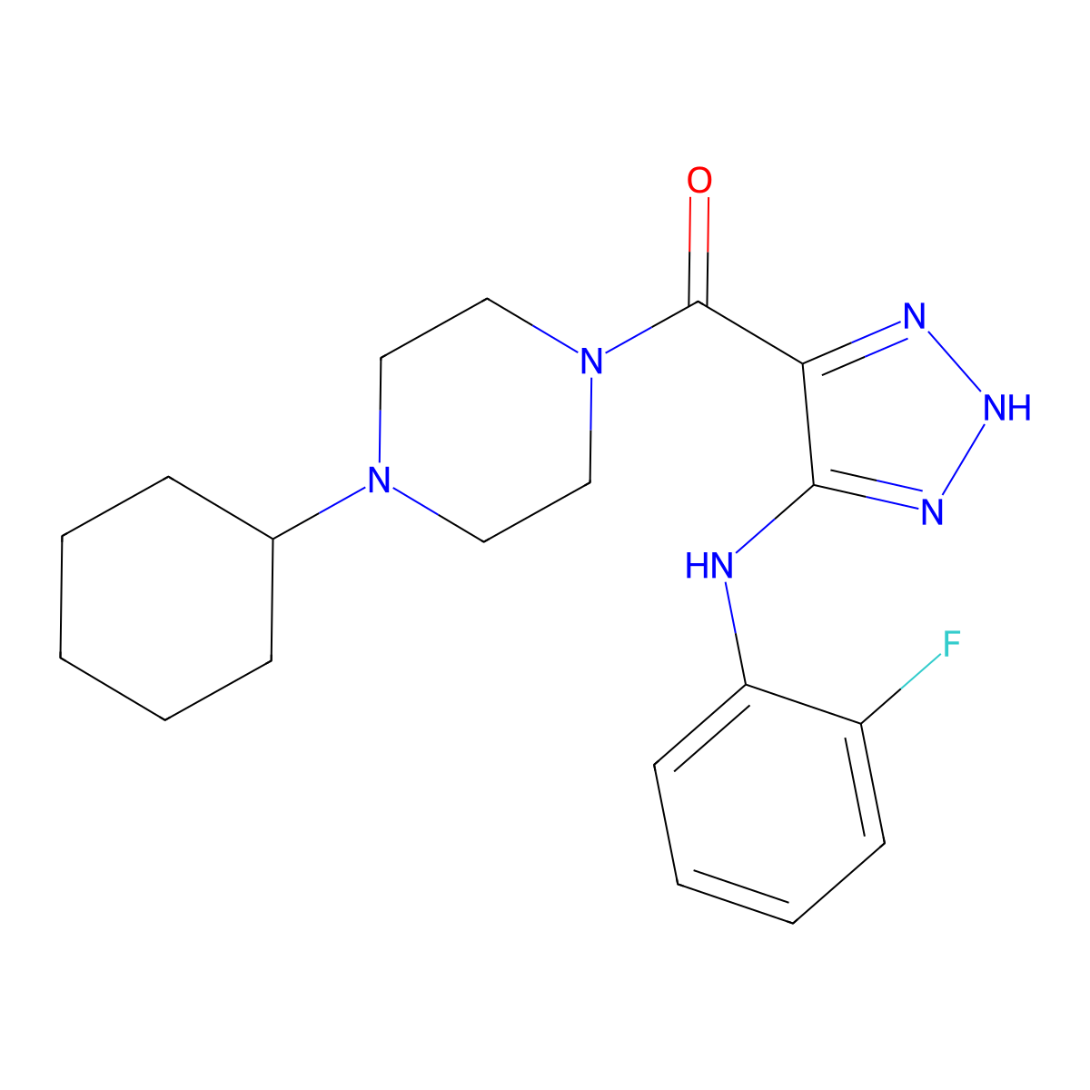 (4-cyclohexylpiperazin-1-yl)(5-((2-fluorophenyl)amino)-1H-1,2,3-triazol-4-yl)methanone molecular structure, CAS 1291848-84-4