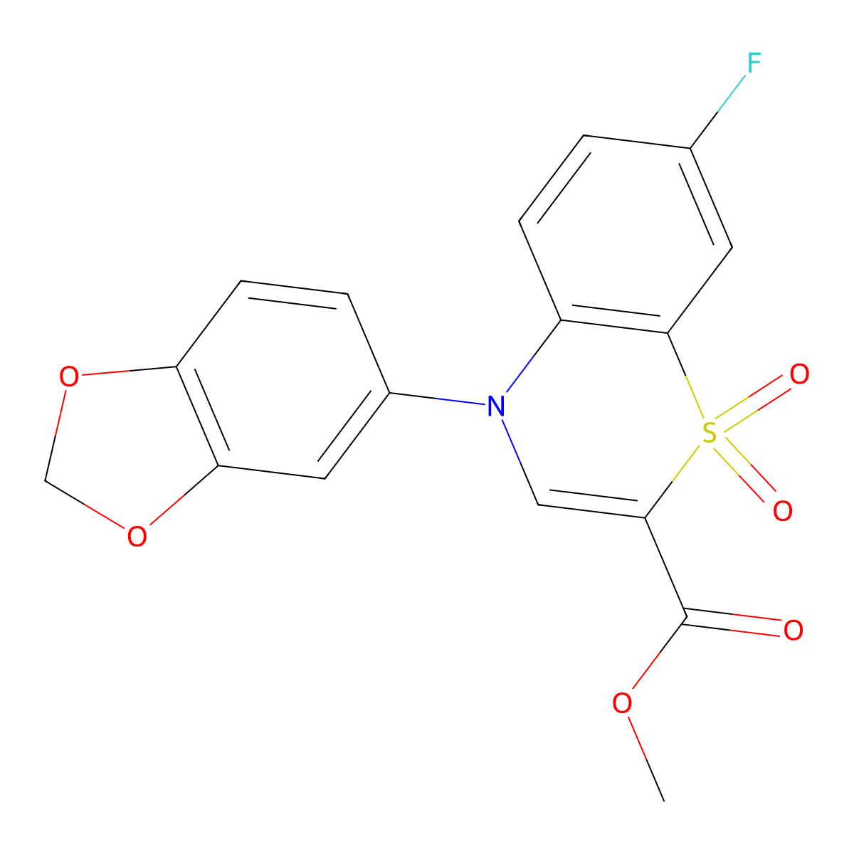 methyl 4-(1,3-benzodioxol-5-yl)-7-fluoro-4H-1,4-benzothiazine-2-carboxylate 1,1-dioxide molecular structure, CAS 1291849-59-6