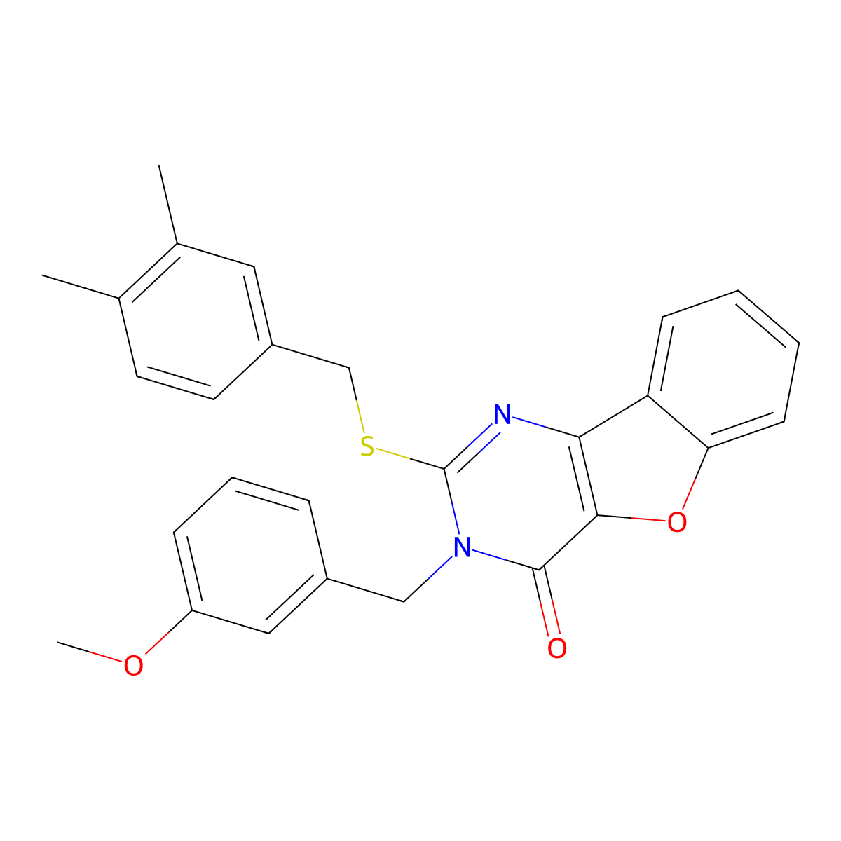 2-[(3,4-dimethylbenzyl)sulfanyl]-3-(3-methoxybenzyl)[1]benzofuro[3,2-d]pyrimidin-4(3H)-one molecular structure, CAS 1291853-31-0
