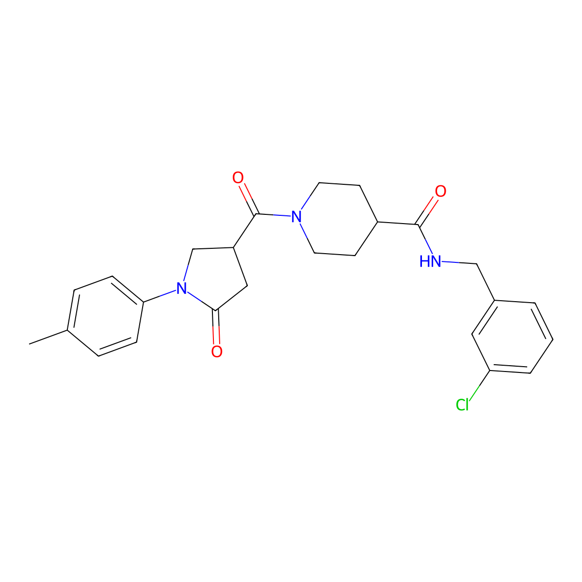 N-(3-chlorobenzyl)-1-{[1-(4-methylphenyl)-5-oxopyrrolidin-3-yl]carbonyl}piperidine-4-carboxamide molecular structure, CAS 1291855-47-4