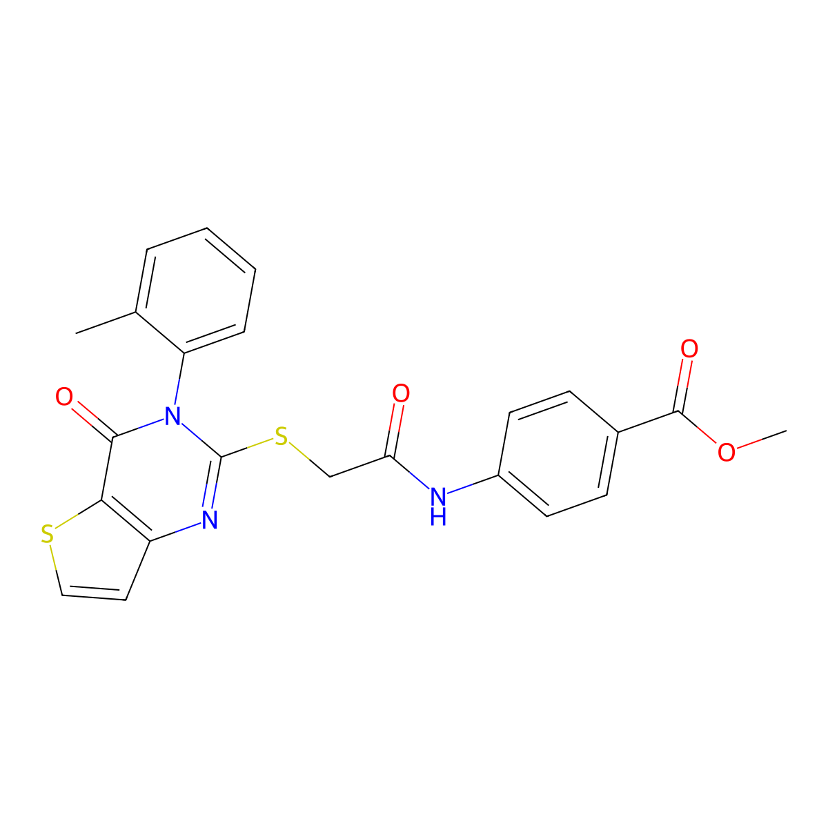 Methyl 4-[({[3-(2-methylphenyl)-4-oxo-3,4-dihydrothieno[3,2-d]pyrimidin-2-yl]sulfanyl}acetyl)amino]benzoate molecular structure, CAS 1291856-09-1