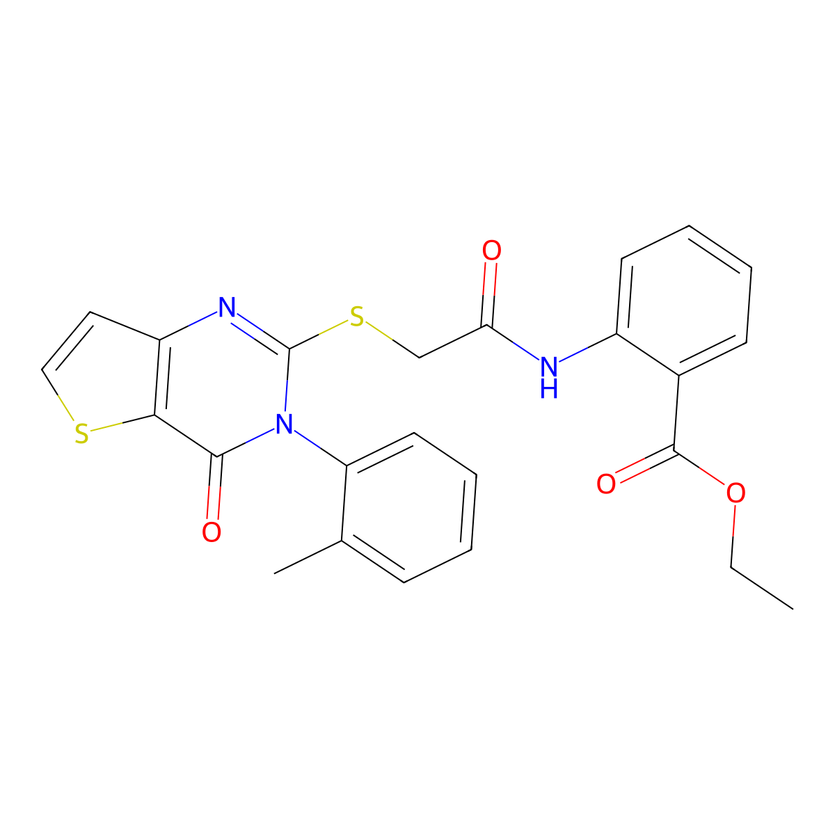 ethyl 2-(2-{[3-(2-methylphenyl)-4-oxo-3H,4H-thieno[3,2-d]pyrimidin-2-yl]sulfanyl}acetamido)benzoate molecular structure, CAS 1291857-26-5
