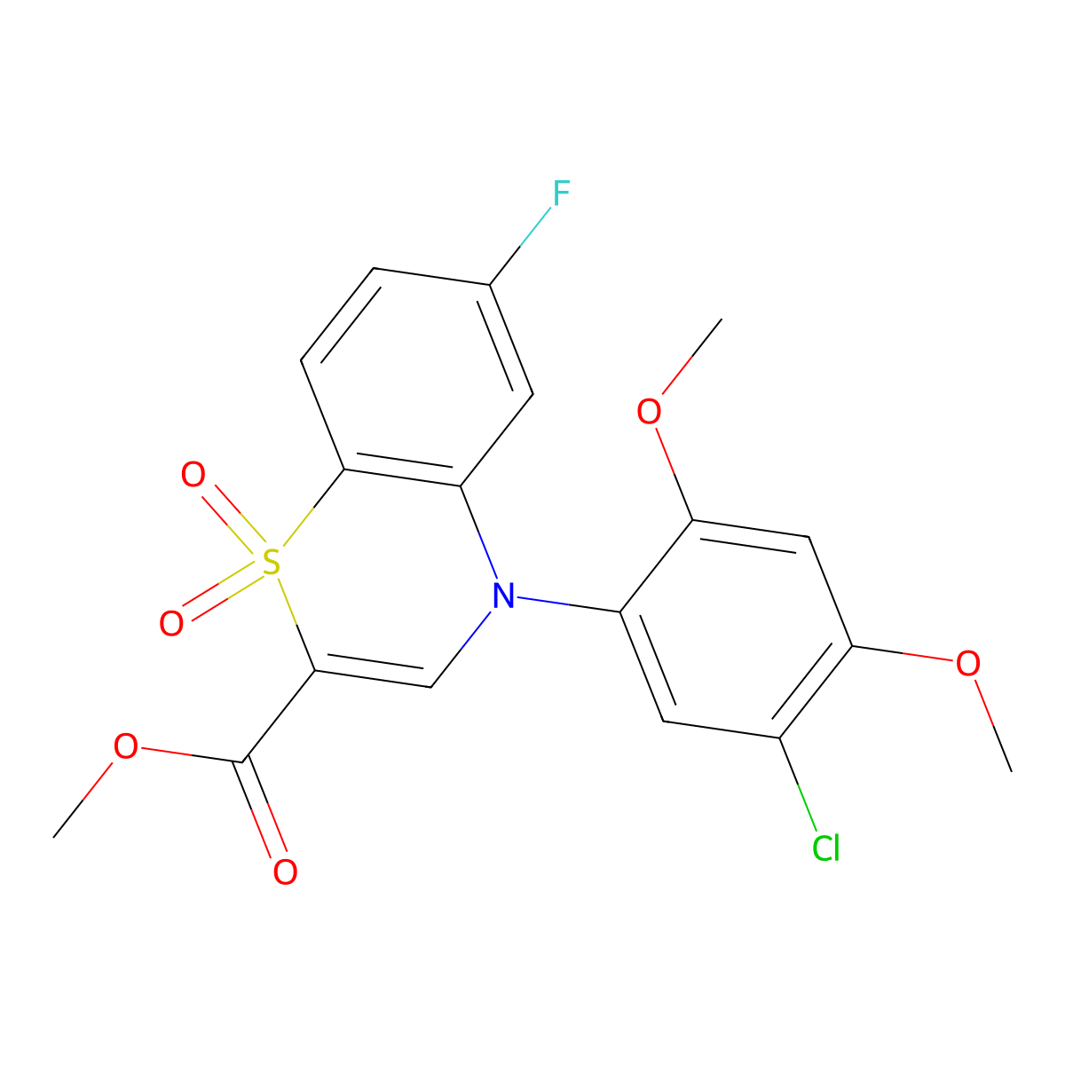 methyl 4-(5-chloro-2,4-dimethoxyphenyl)-6-fluoro-4H-1,4-benzothiazine-2-carboxylate 1,1-dioxide molecular structure, CAS 1291858-47-3