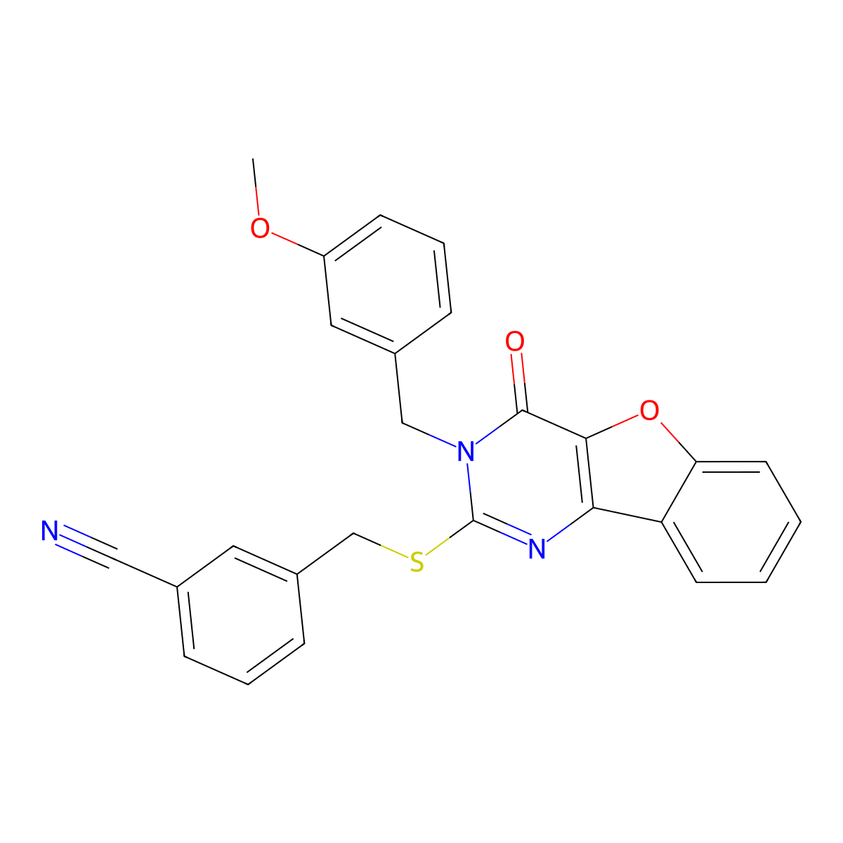 3-({[3-(3-Methoxybenzyl)-4-oxo-3,4-dihydro[1]benzofuro[3,2-d]pyrimidin-2-yl]sulfanyl}methyl)benzonitrile molecular structure, CAS 1291860-23-5