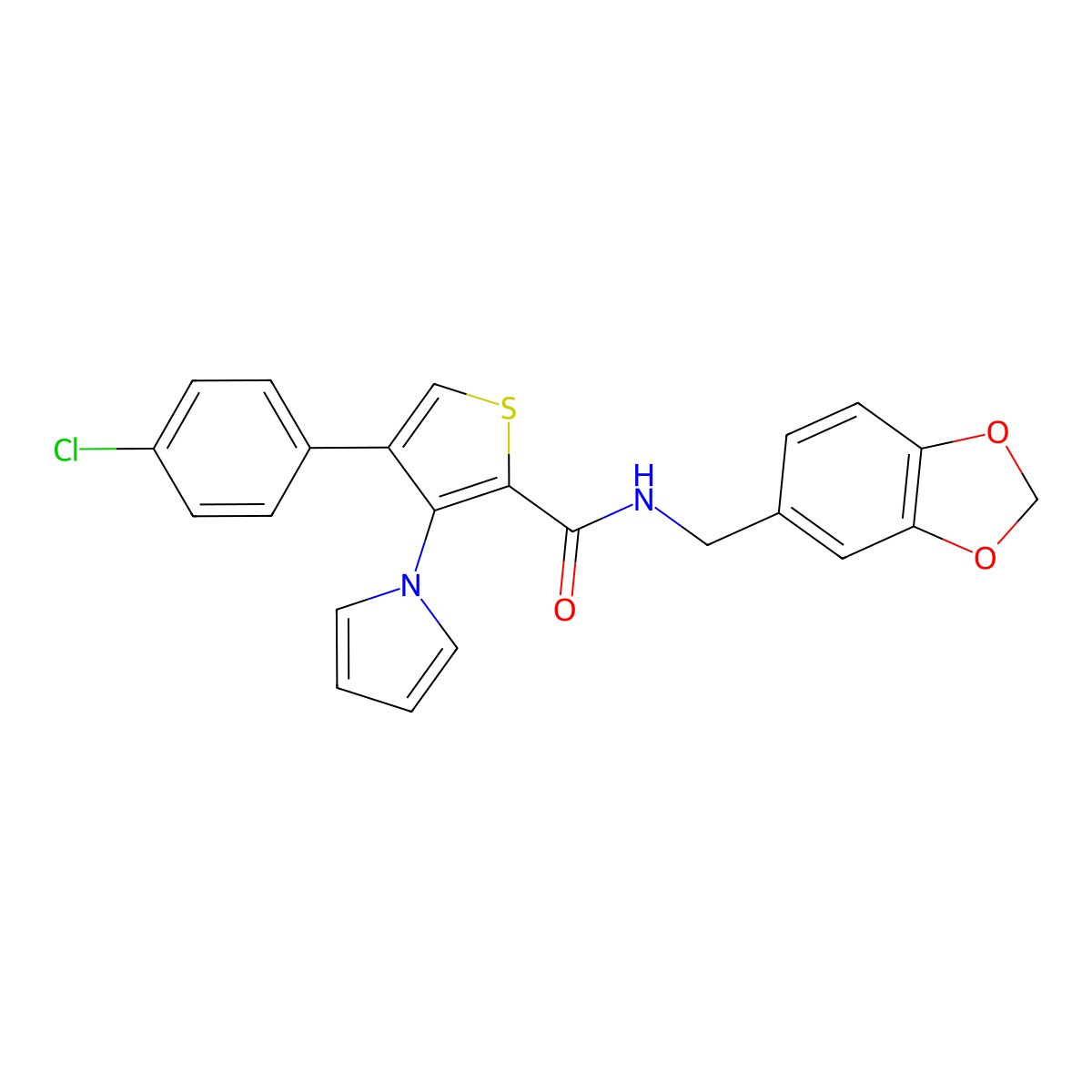 N-(1,3-benzodioxol-5-ylmethyl)-4-(4-chlorophenyl)-3-(1H-pyrrol-1-yl)thiophene-2-carboxamide molecular structure, CAS 1291862-01-5