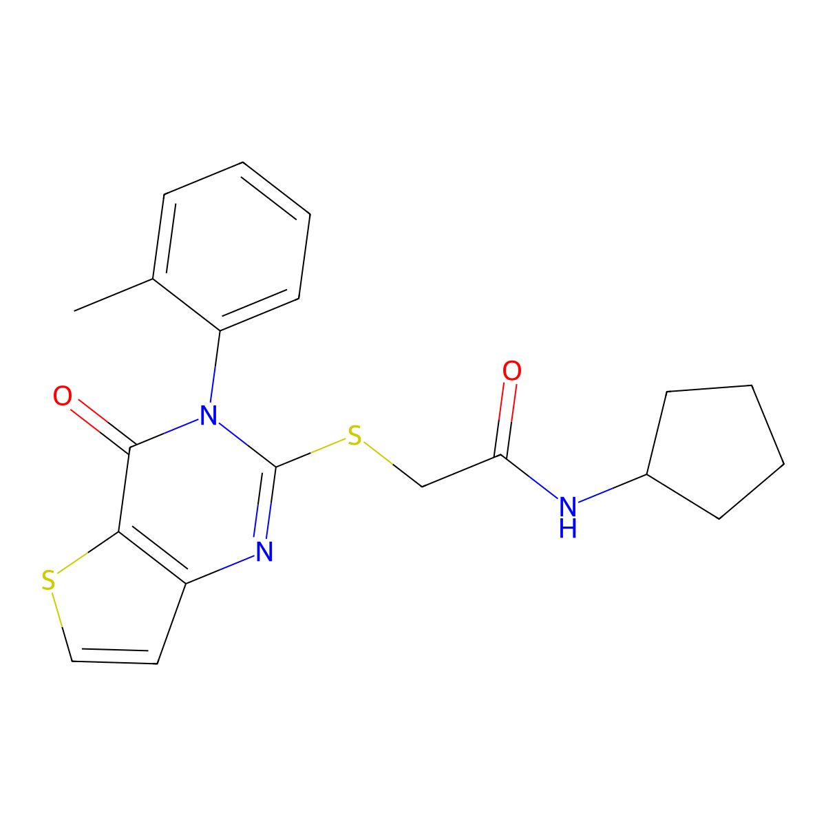 N-cyclopentyl-2-{[3-(2-methylphenyl)-4-oxo-3,4-dihydrothieno[3,2-d]pyrimidin-2-yl]sulfanyl}acetamide molecular structure, CAS 1291862-71-9