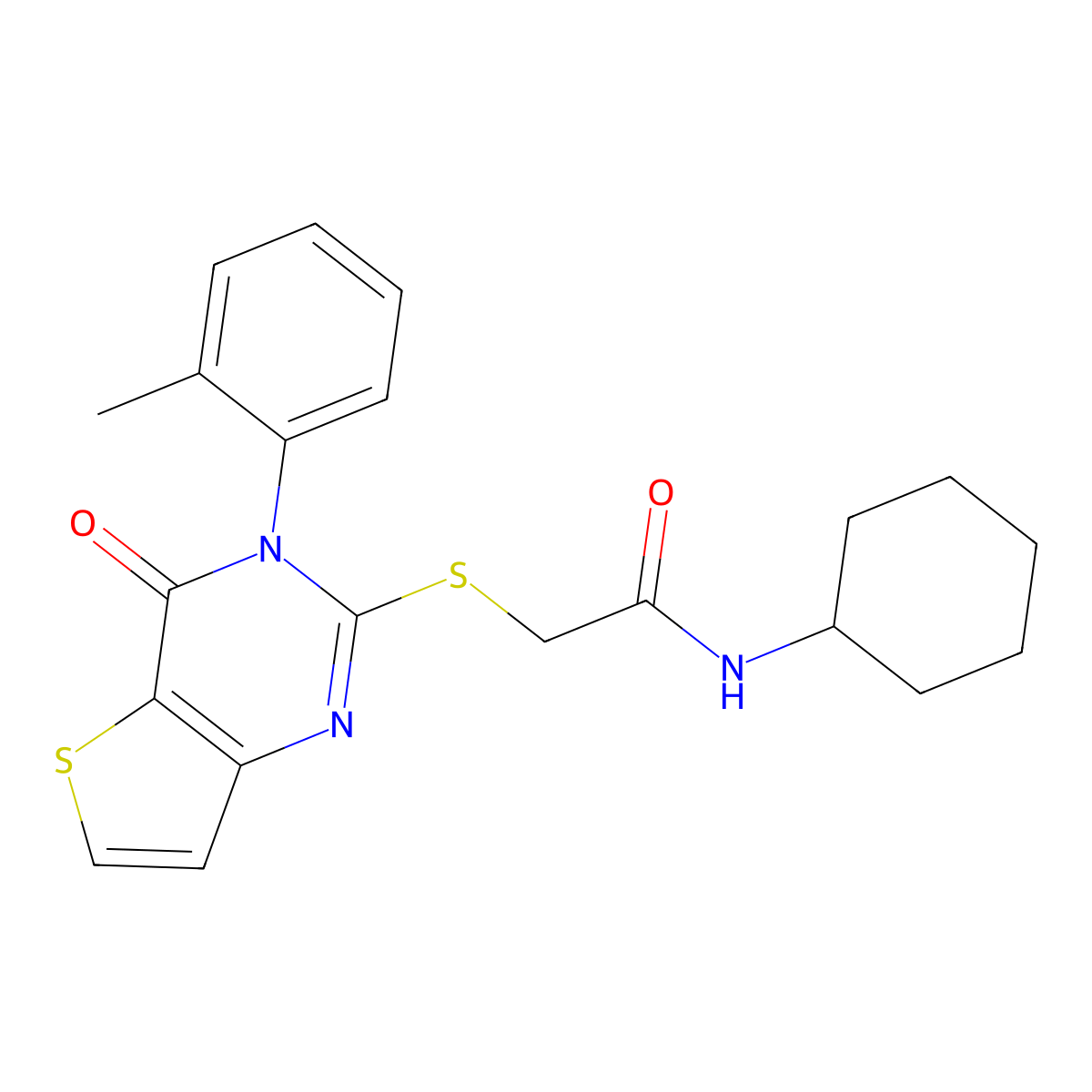 N-cyclohexyl-2-{[3-(2-methylphenyl)-4-oxo-3,4-dihydrothieno[3,2-d]pyrimidin-2-yl]sulfanyl}acetamide molecular structure, CAS 1291863-92-7