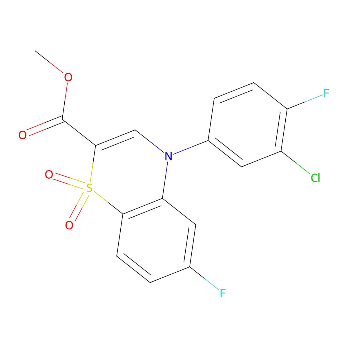 methyl 4-(3-chloro-4-fluorophenyl)-6-fluoro-4H-1,4-benzothiazine-2-carboxylate 1,1-dioxide molecular structure, CAS 1291864-79-3
