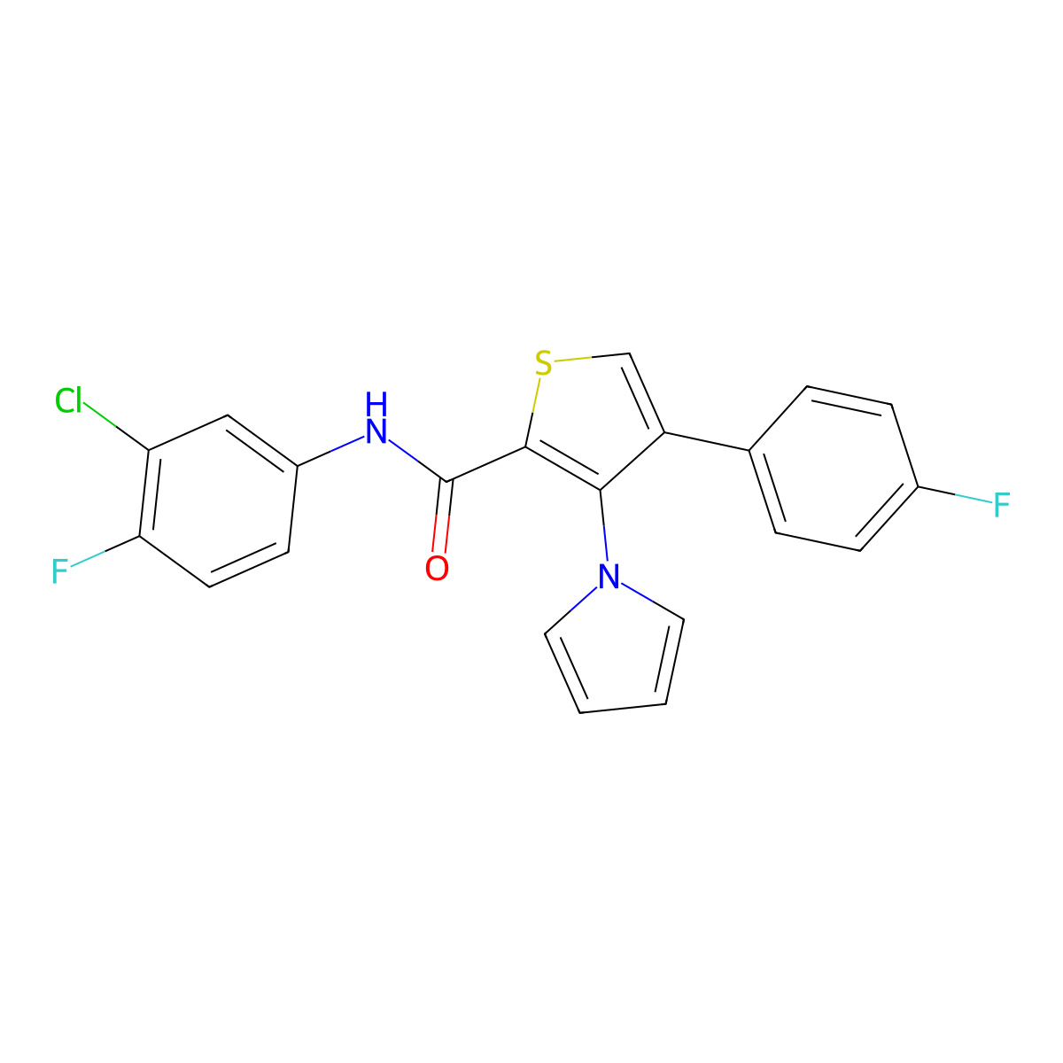 N-(3-chloro-4-fluorophenyl)-4-(4-fluorophenyl)-3-(1H-pyrrol-1-yl)thiophene-2-carboxamide molecular structure, CAS 1291869-26-5