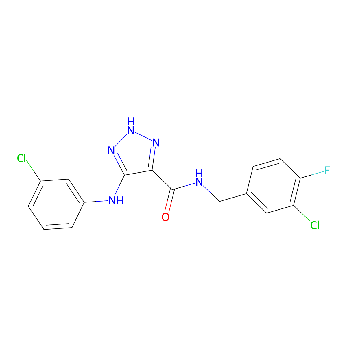 N-(3-chloro-4-fluorobenzyl)-5-((3-chlorophenyl)amino)-1H-1,2,3-triazole-4-carboxamide molecular structure, CAS 1291872-59-7