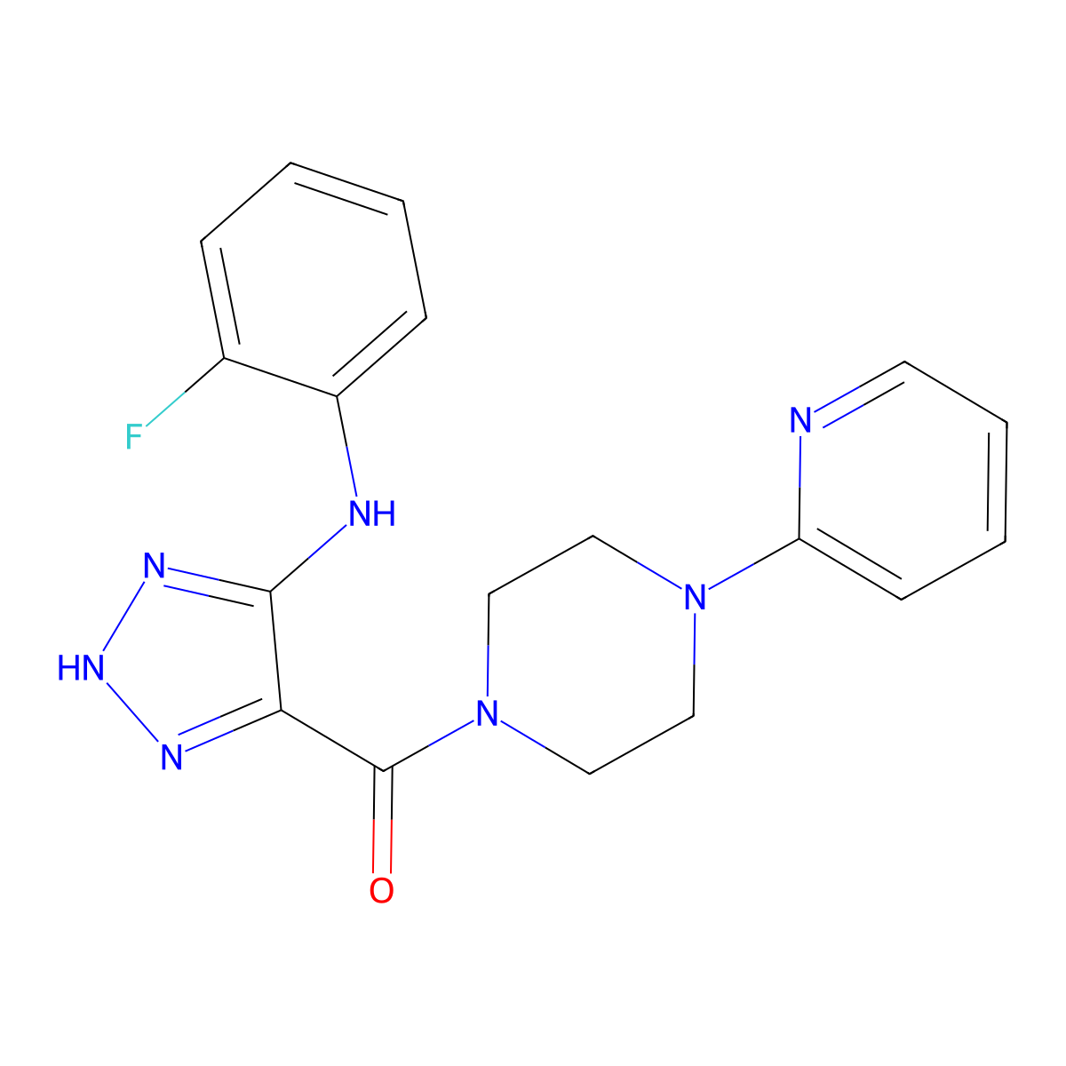 (5-((2-fluorophenyl)amino)-1H-1,2,3-triazol-4-yl)(4-(pyridin-2-yl)piperazin-1-yl)methanone molecular structure, CAS 1291872-66-6