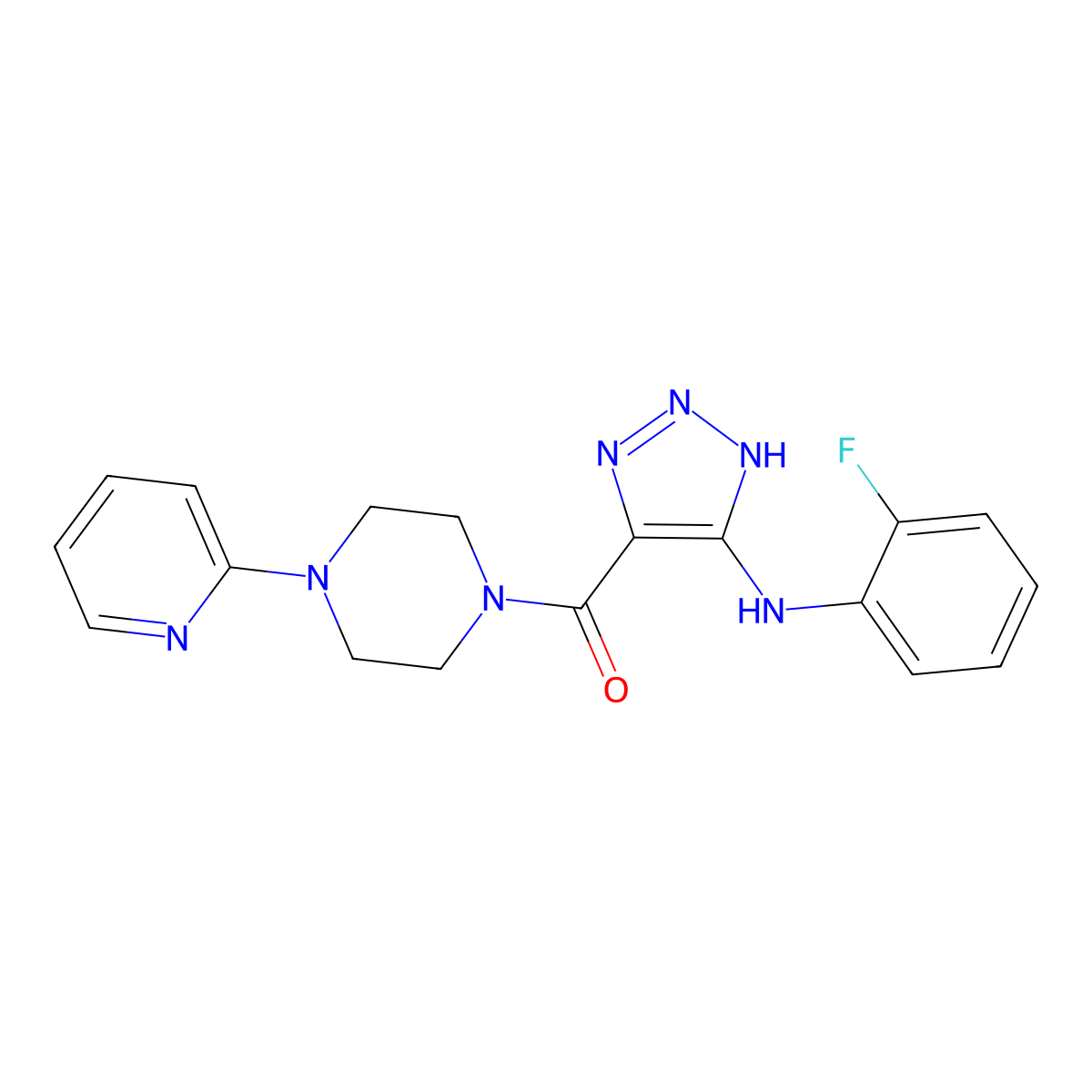(5-((2-fluorophenyl)amino)-1H-1,2,3-triazol-4-yl)(4-(pyridin-2-yl)piperazin-1-yl)methanone molecular structure, CAS 1291872-66-6