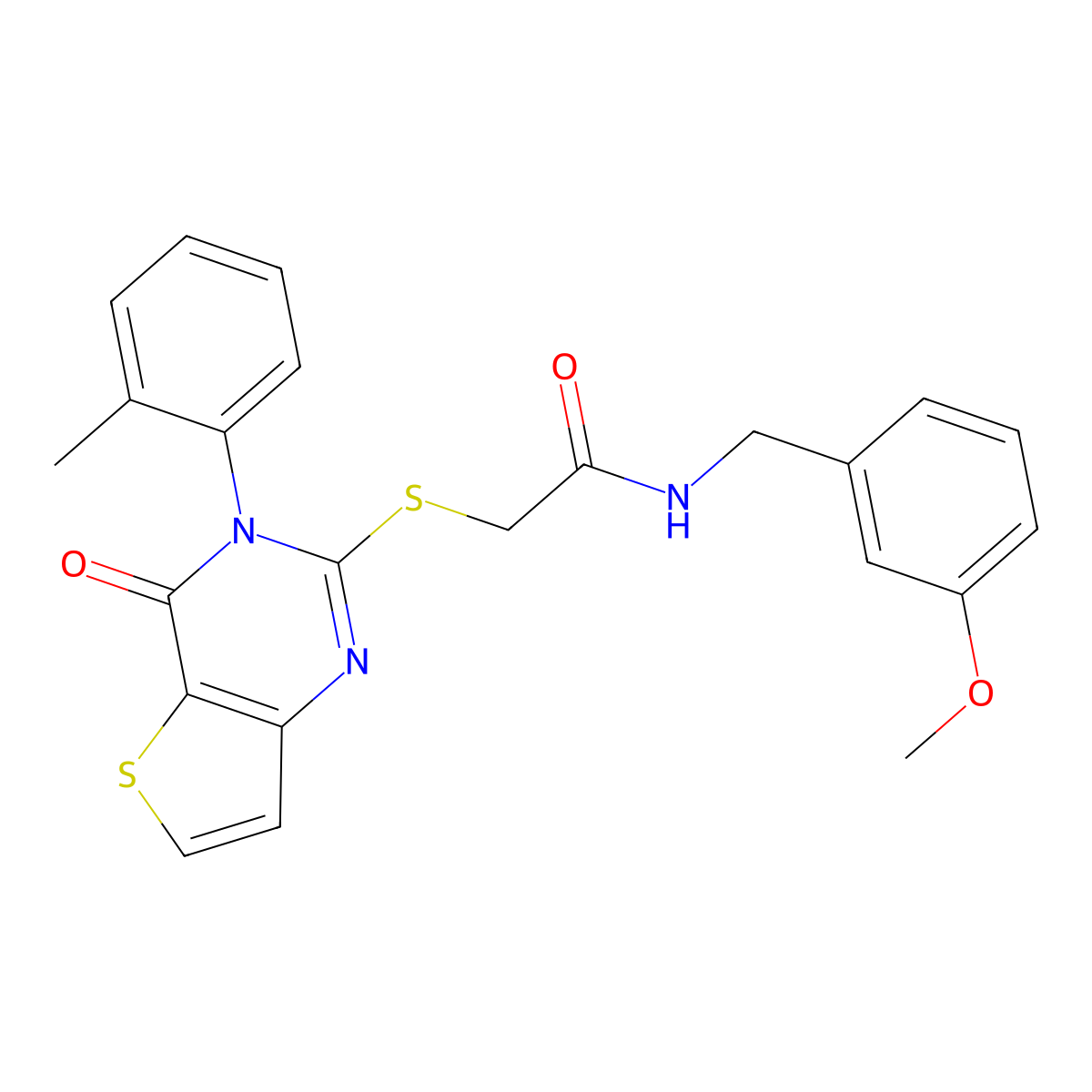 N-(3-methoxybenzyl)-2-{[3-(2-methylphenyl)-4-oxo-3,4-dihydrothieno[3,2-d]pyrimidin-2-yl]sulfanyl}acetamide molecular structure, CAS 1291873-75-0