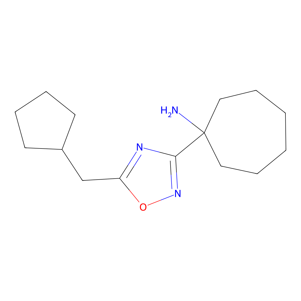 1-[5-(Cyclopentylmethyl)-1,2,4-oxadiazol-3-yl]cycloheptan-1-amine molecular structure, CAS 1292111-00-2