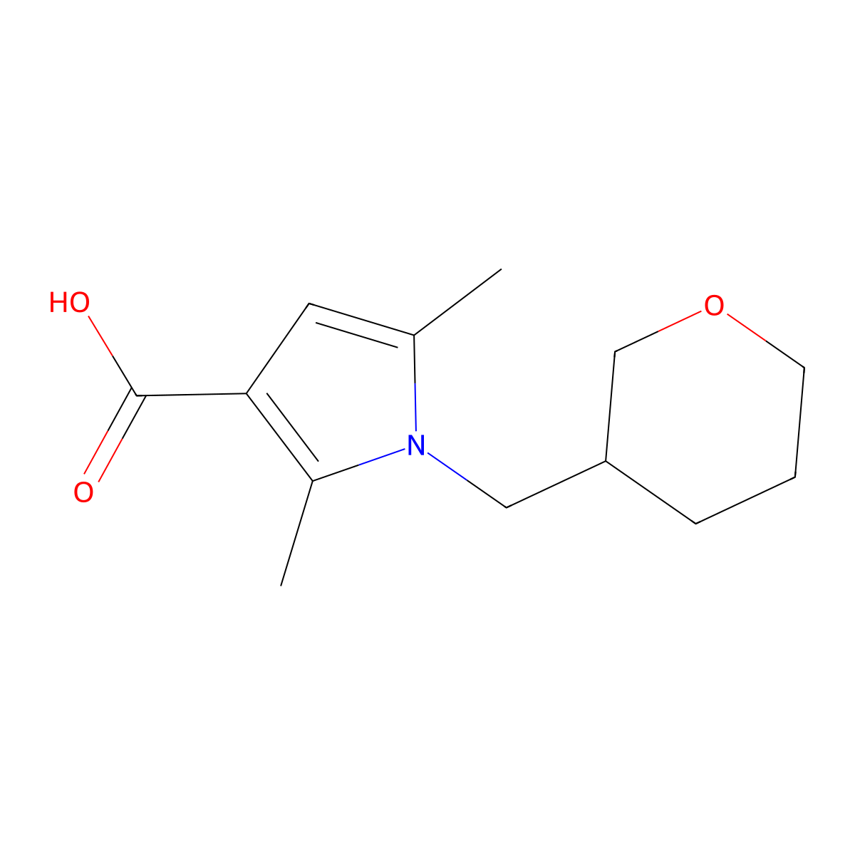 2,5-dimethyl-1-[(oxan-3-yl)methyl]-1H-pyrrole-3-carboxylic acid molecular structure, CAS 1292222-06-0