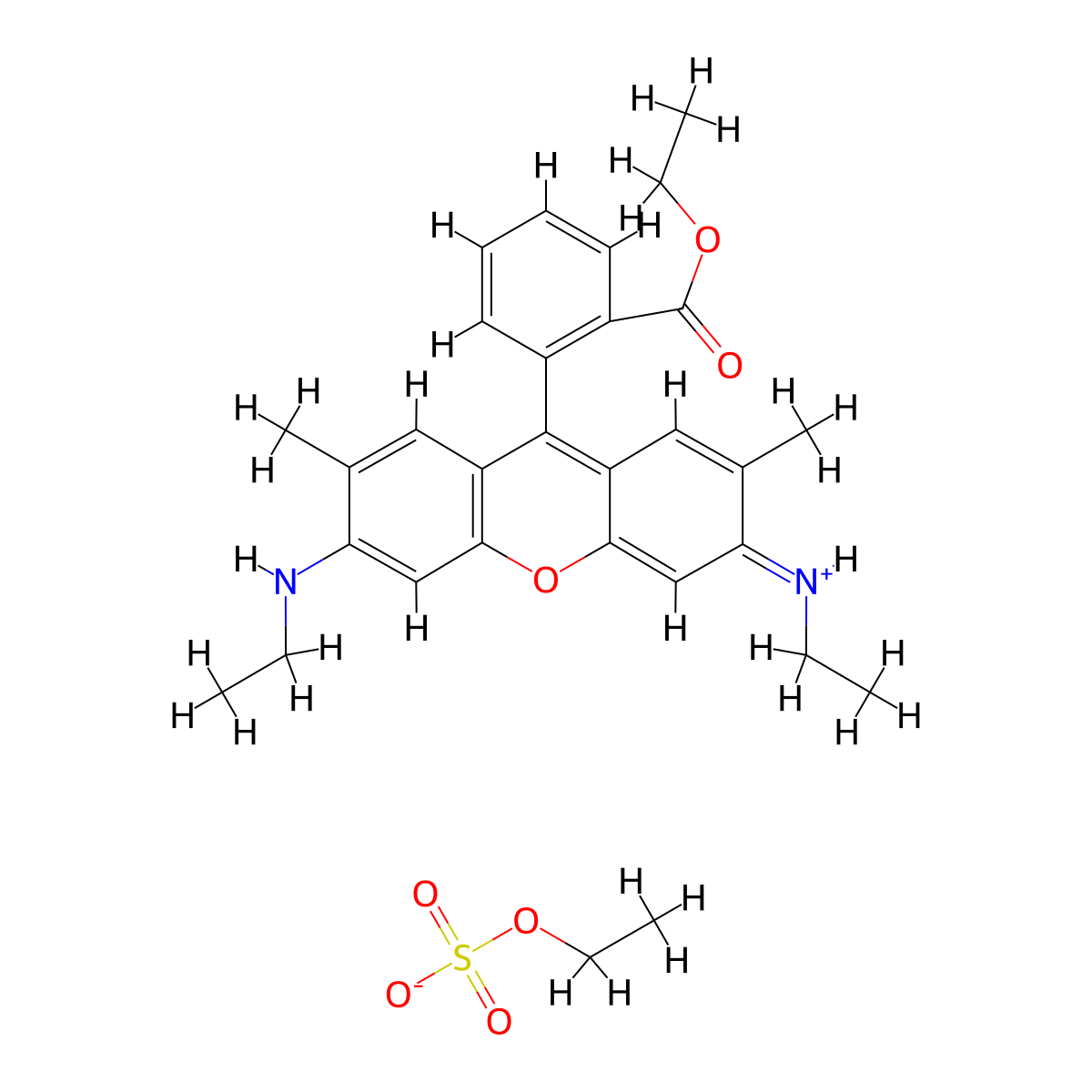 Xanthylium, 9-(2-(ethoxycarbonyl)phenyl)-3,6-bis(ethylamino)-2,7-dimethyl-, ethyl sulfate (1:1) molecular structure, CAS 129223-64-9