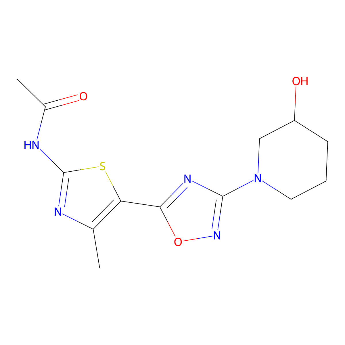 N-(5-(3-(3-hydroxypiperidin-1-yl)-1,2,4-oxadiazol-5-yl)-4-methyl-1,3-thiazol-2-yl)acetamide molecular structure, CAS 1292300-75-4