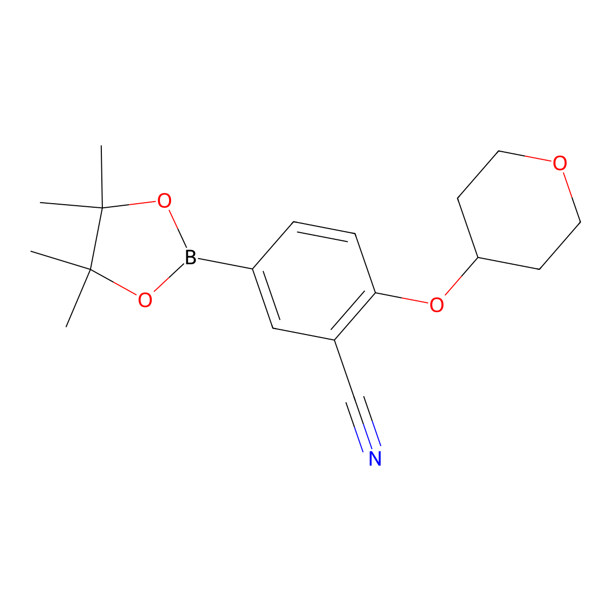 2-((Tetrahydro-2H-pyran-4-yl)oxy)-5-(4,4,5,5-tetramethyl-1,3,2-dioxaborolan-2-yl)benzonitrile molecular structure, CAS 1292317-54-4