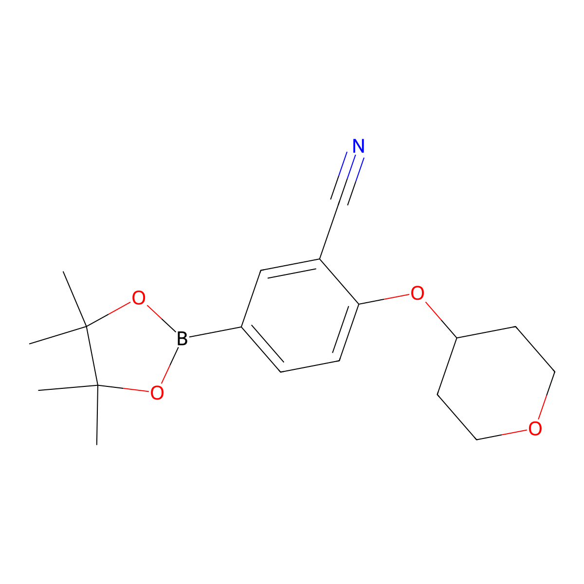 2-((Tetrahydro-2H-pyran-4-yl)oxy)-5-(4,4,5,5-tetramethyl-1,3,2-dioxaborolan-2-yl)benzonitrile molecular structure, CAS 1292317-54-4