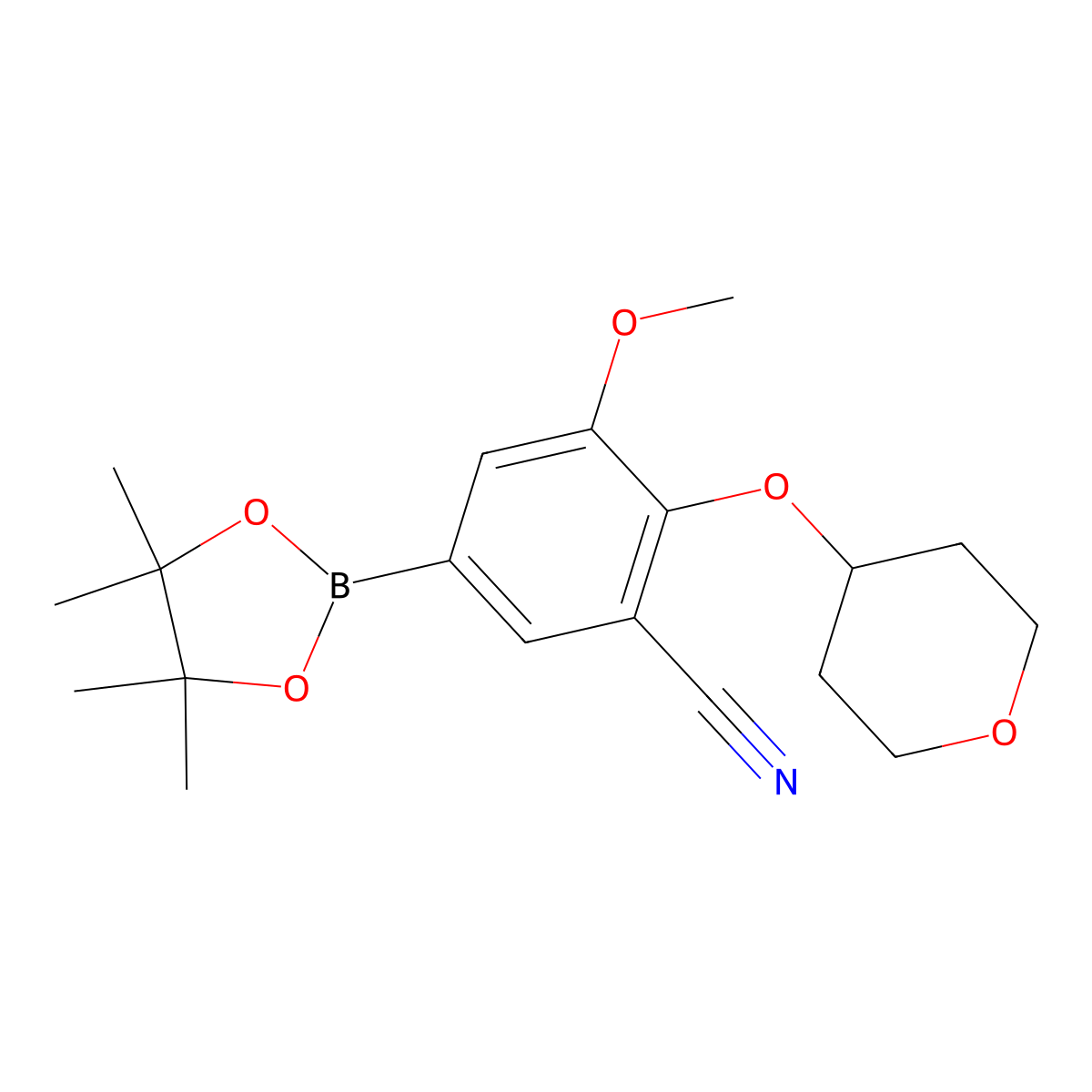 3-methoxy-2-((tetrahydro-2H-pyran-4-yl)oxy)-5-(4,4,5,5-tetramethyl-1,3,2-dioxaborolan-2-yl)benzonitrile molecular structure, CAS 1292318-00-3