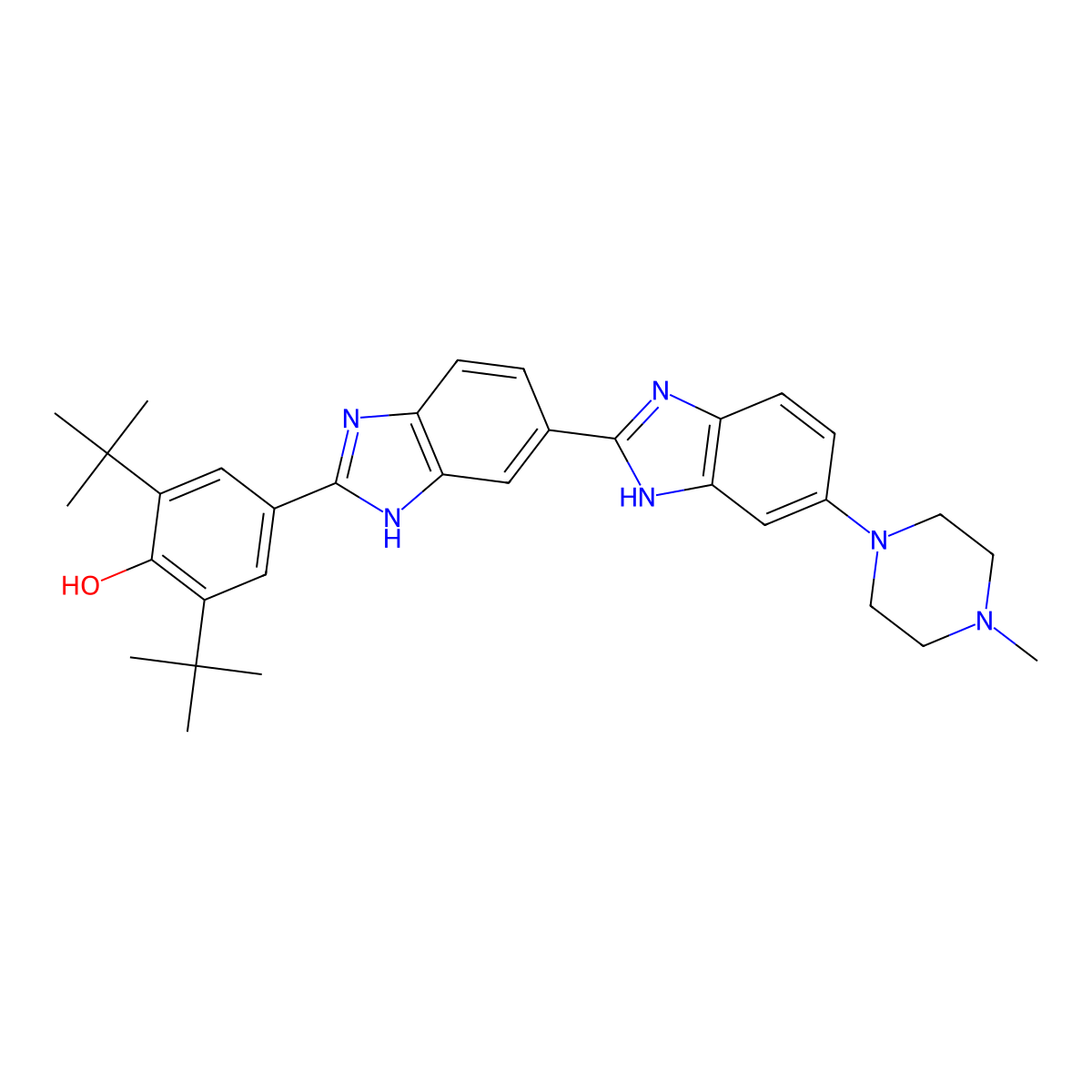 2,6-ditert-butyl-4-[6-[6-(4-methylpiperazin-1-yl)-1H-benzimidazol-2-yl]-1H-benzimidazol-2-yl]phenol molecular structure, CAS 129244-66-2