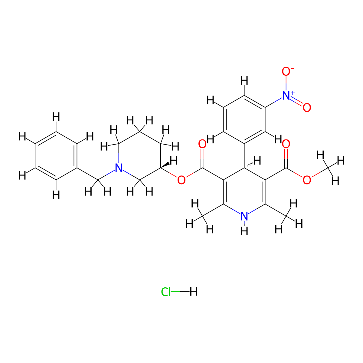 3,5-Pyridinedicarboxylic acid, 1,4-dihydro-2,6-dimethyl-4-(3-nitrophenyl)-, methyl (3S)-1-(phenylmethyl)-3-piperidinyl ester, monohydrochloride, (4S)- molecular structure, CAS 129262-08-4