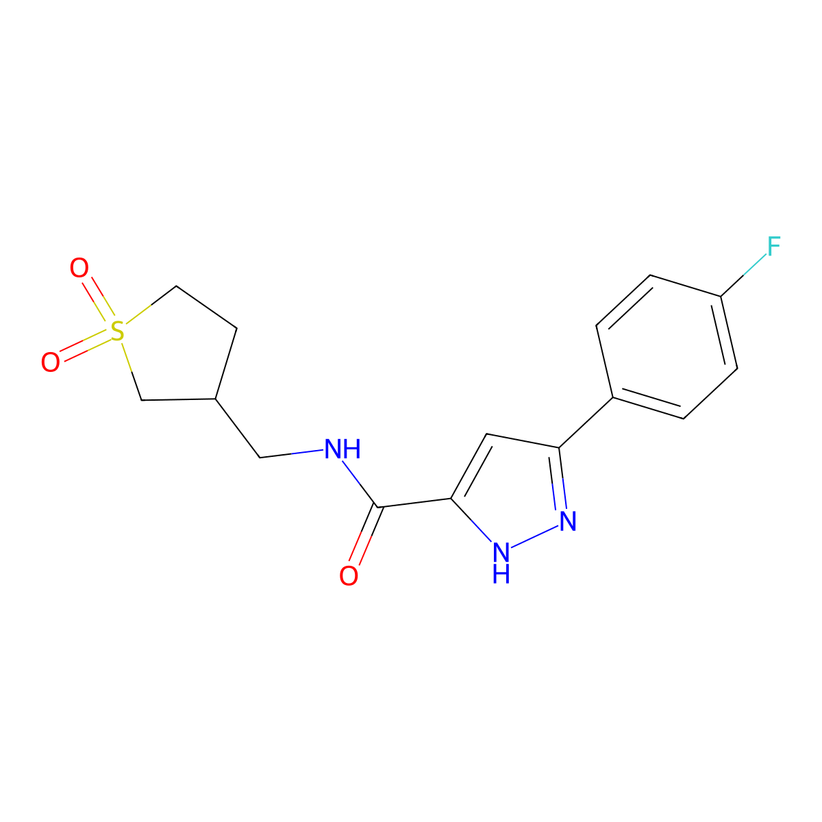 N-((1,1-dioxidotetrahydrothiophen-3-yl)methyl)-3-(4-fluorophenyl)-1H-pyrazole-5-carboxamide molecular structure, CAS 1292906-97-8