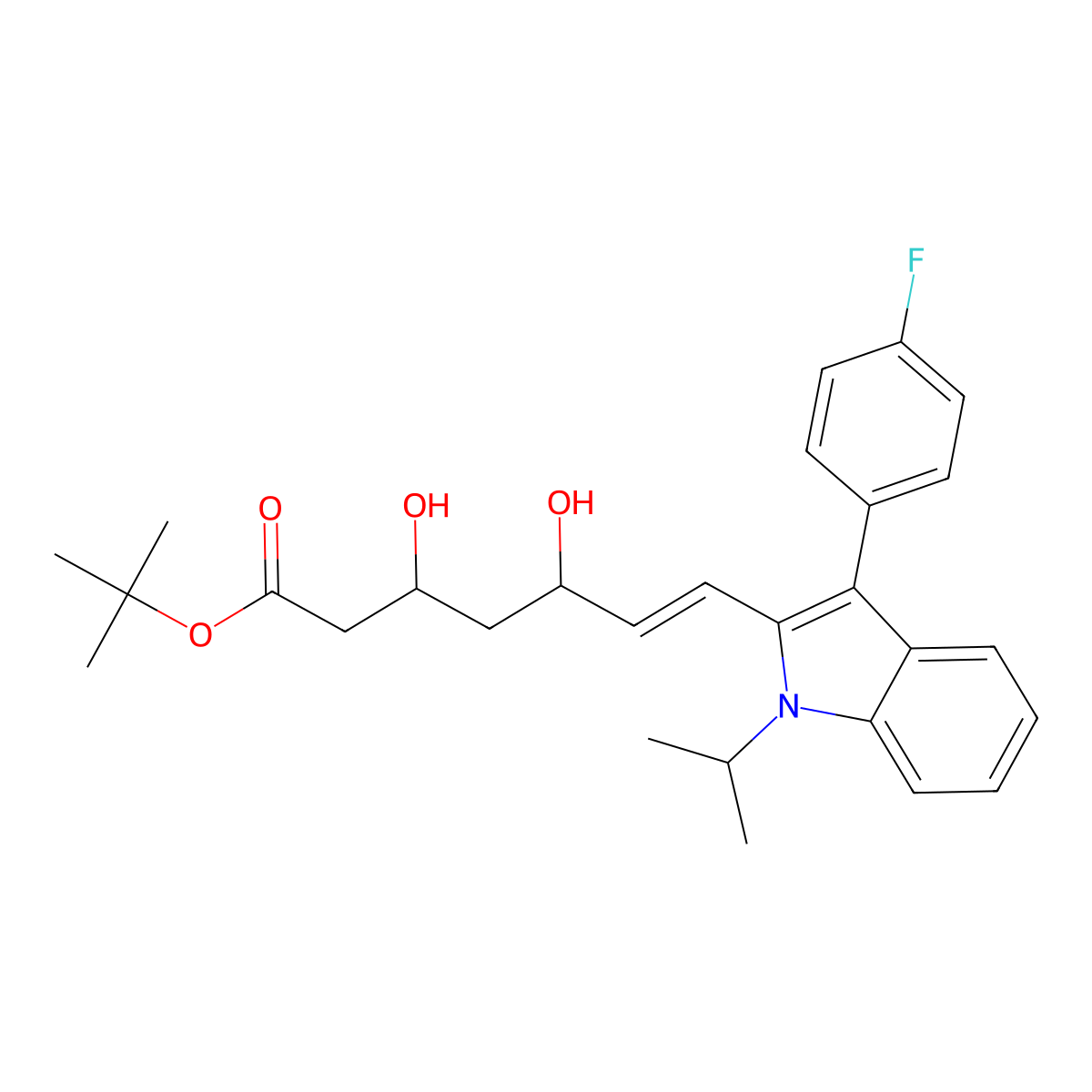 tert-butyl (3R,5S)-7-[3-(4-fluorophenyl)-1-propan-2-ylindol-2-yl]-3,5-dihydroxyhept-6-enoate molecular structure, CAS 129332-29-2