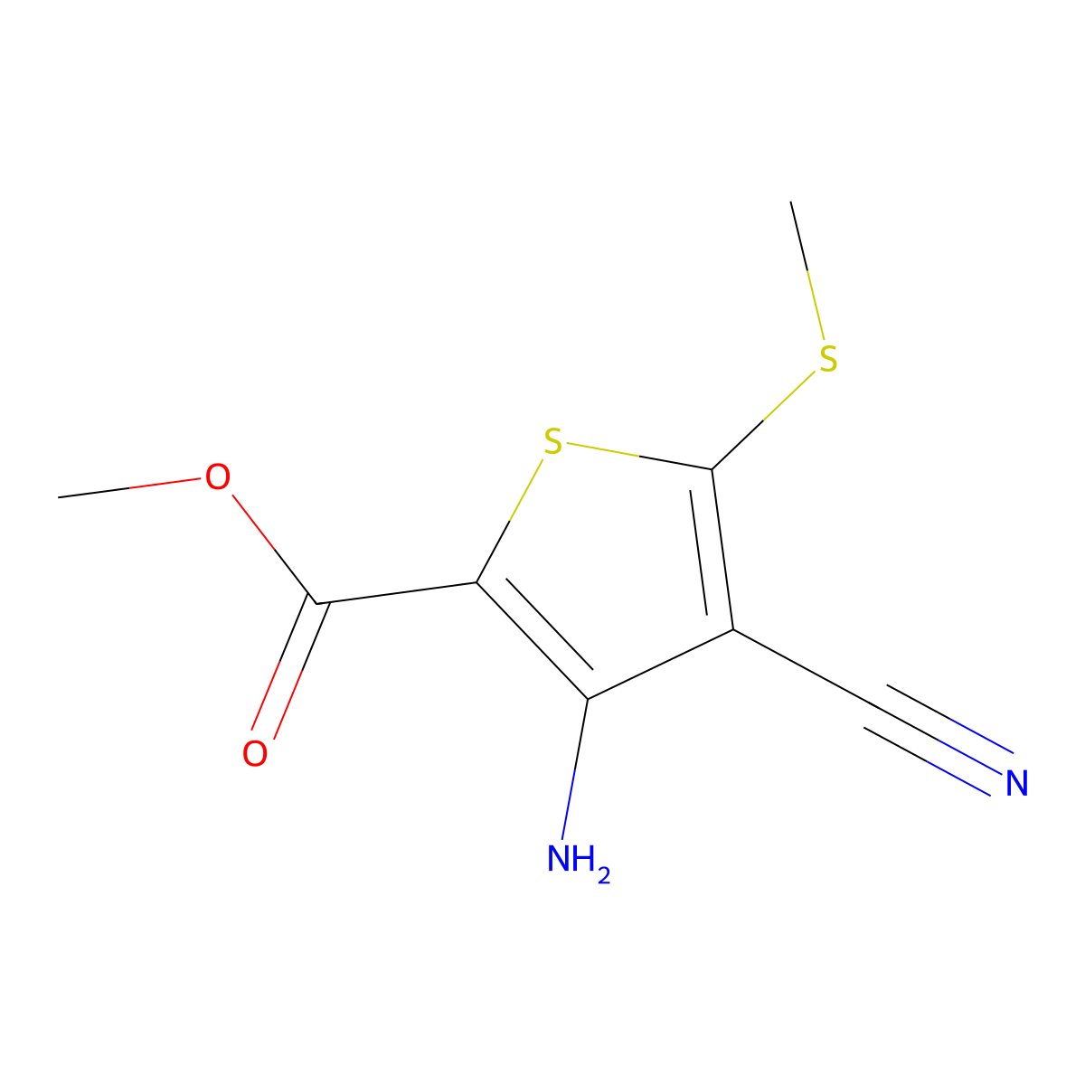 Methyl 3-amino-4-cyano-5-(methylsulfanyl)thiophene-2-carboxylate molecular structure, CAS 129332-45-2