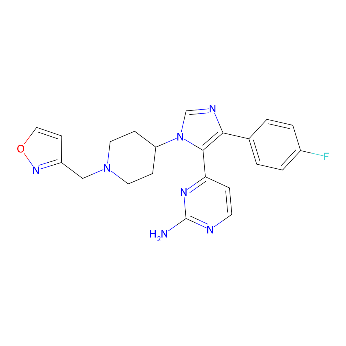 4-(4-(4-fluorophenyl)-1-(1-(1,2-oxazol-3-ylmethyl)piperidin-4-yl)-1H-imidazol-5-yl)pyrimidin-2-amine molecular structure, CAS 1293395-67-1