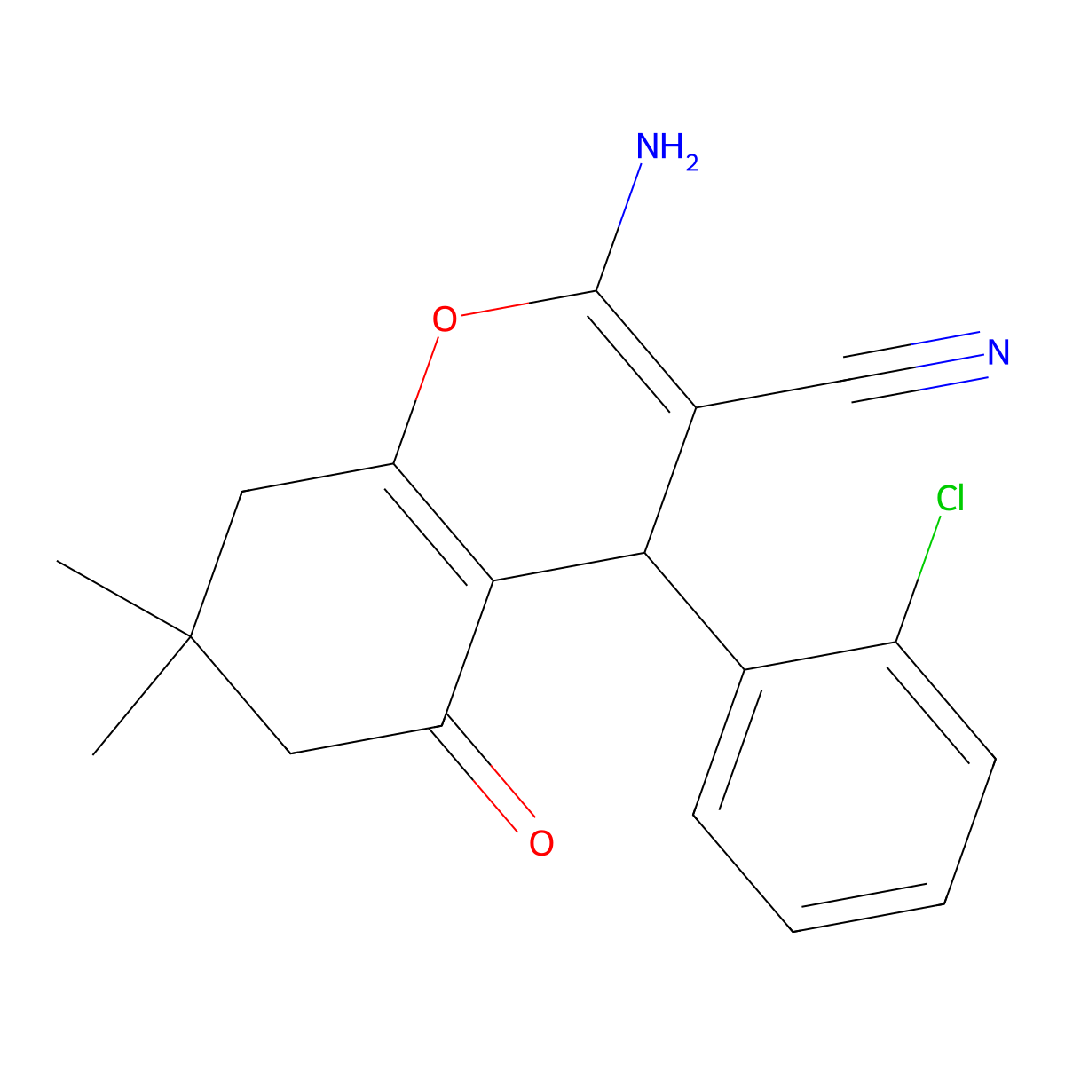 2-amino-4-(2-chlorophenyl)-7,7-dimethyl-5-oxo-5,6,7,8-tetrahydro-4H-chromene-3-carbonitrile molecular structure, CAS 129354-35-4