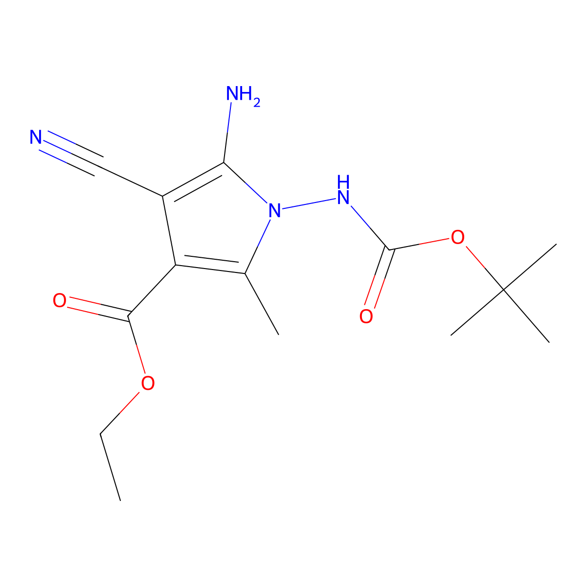 ethyl 5-amino-1-[(tert-butoxycarbonyl)amino]-4-cyano-2-methyl-1H-pyrrole-3-carboxylate molecular structure, CAS 129378-20-7