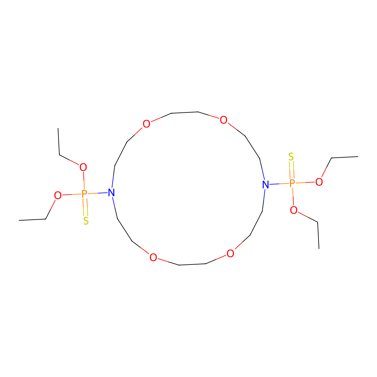 O,O-diethyl {16-[diethoxy(sulfanylidene)-lambda5-phosphanyl]-1,4,10,13-tetraoxa-7,16-diazacyclooctadecan-7-yl}phosphonothioate molecular structure, CAS 129379-80-2