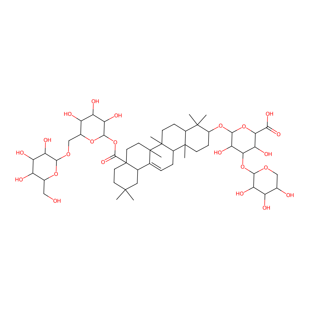(2S,3S,4S,5R,6R)-6-[[(3S,6aR,6bS,8aS,12aS,14bR)-4,4,6a,6b,11,11,14b-heptamethyl-8a-[(2S,3R,4S,5S,6R)-3,4,5-trihydroxy-6-[[(2R,3R,4S,5S,6R)-3,4,5-trihydroxy-6-(hydroxymethyl)oxan-2-yl]oxymethyl]oxan-2-yl]oxycarbonyl-1,2,3,4a,5,6,7,8,9,10,12,12a,14,14a-tetradecahydropicen-3-yl]oxy]-3,5-dihydroxy-4-[(2S,3R,4S,5S)-3,4,5-trihydroxyoxan-2-yl]oxyoxane-2-carboxylic acid molecular structure, CAS 129385-80-4