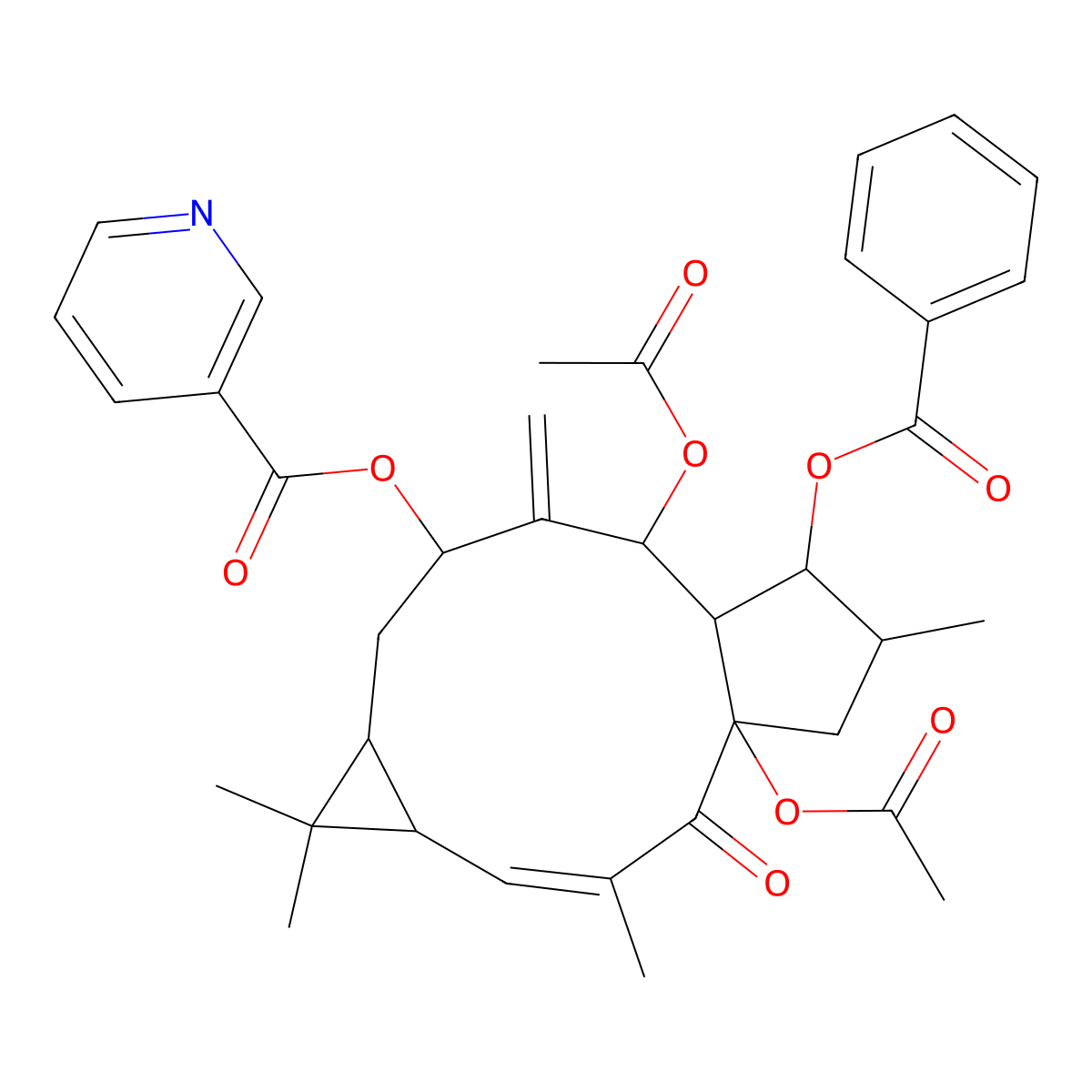 (1,11-Diacetyloxy-13-benzoyloxy-3,6,6,14-tetramethyl-10-methylidene-2-oxo-9-tricyclo[10.3.0.05,7]pentadec-3-enyl) pyridine-3-carboxylate molecular structure, CAS 129393-28-8