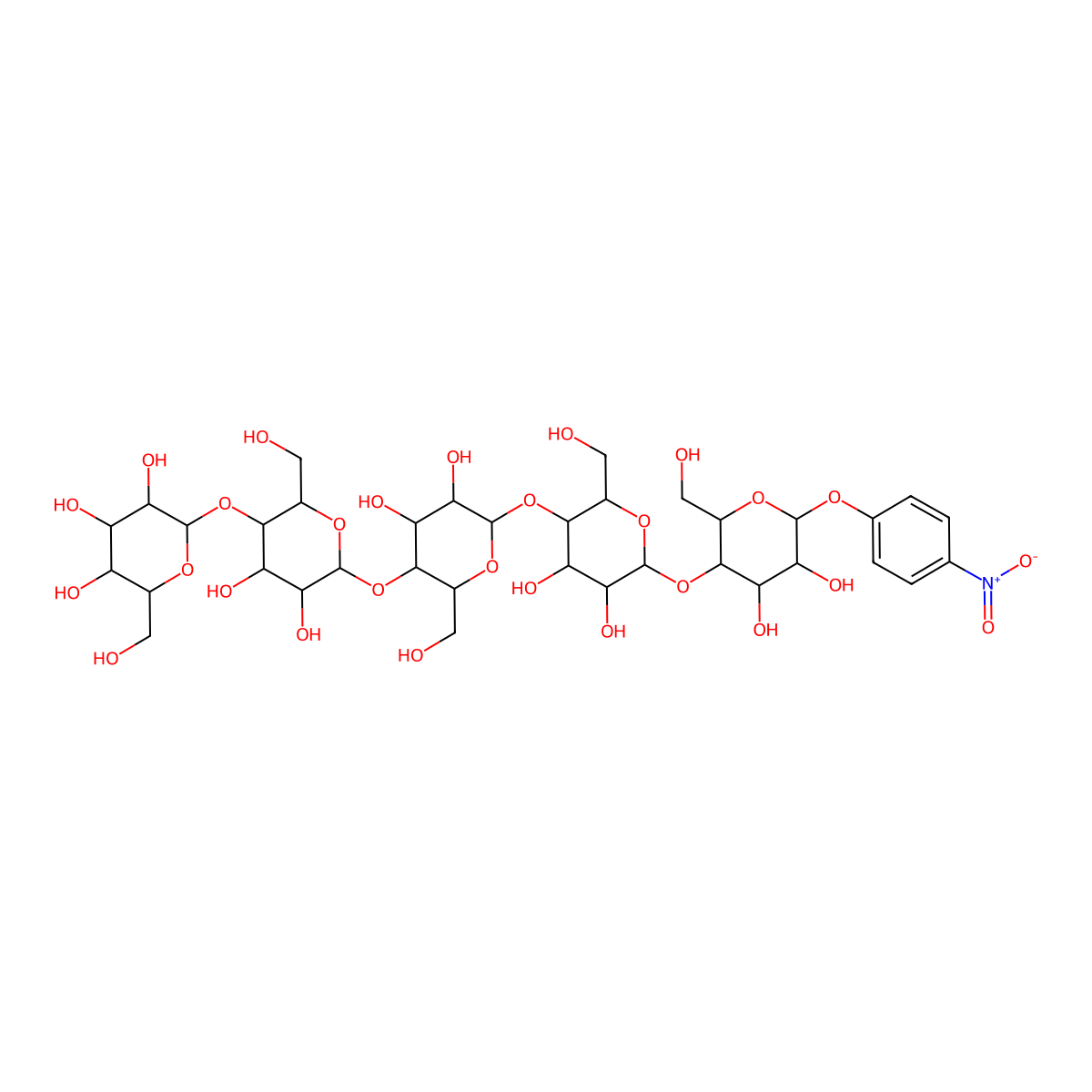 2-[6-[6-[6-[4,5-Dihydroxy-2-(hydroxymethyl)-6-(4-nitrophenoxy)oxan-3-yl]oxy-4,5-dihydroxy-2-(hydroxymethyl)oxan-3-yl]oxy-4,5-dihydroxy-2-(hydroxymethyl)oxan-3-yl]oxy-4,5-dihydroxy-2-(hydroxymethyl)oxan-3-yl]oxy-6-(hydroxymethyl)oxane-3,4,5-triol molecular structure, CAS 129411-63-8