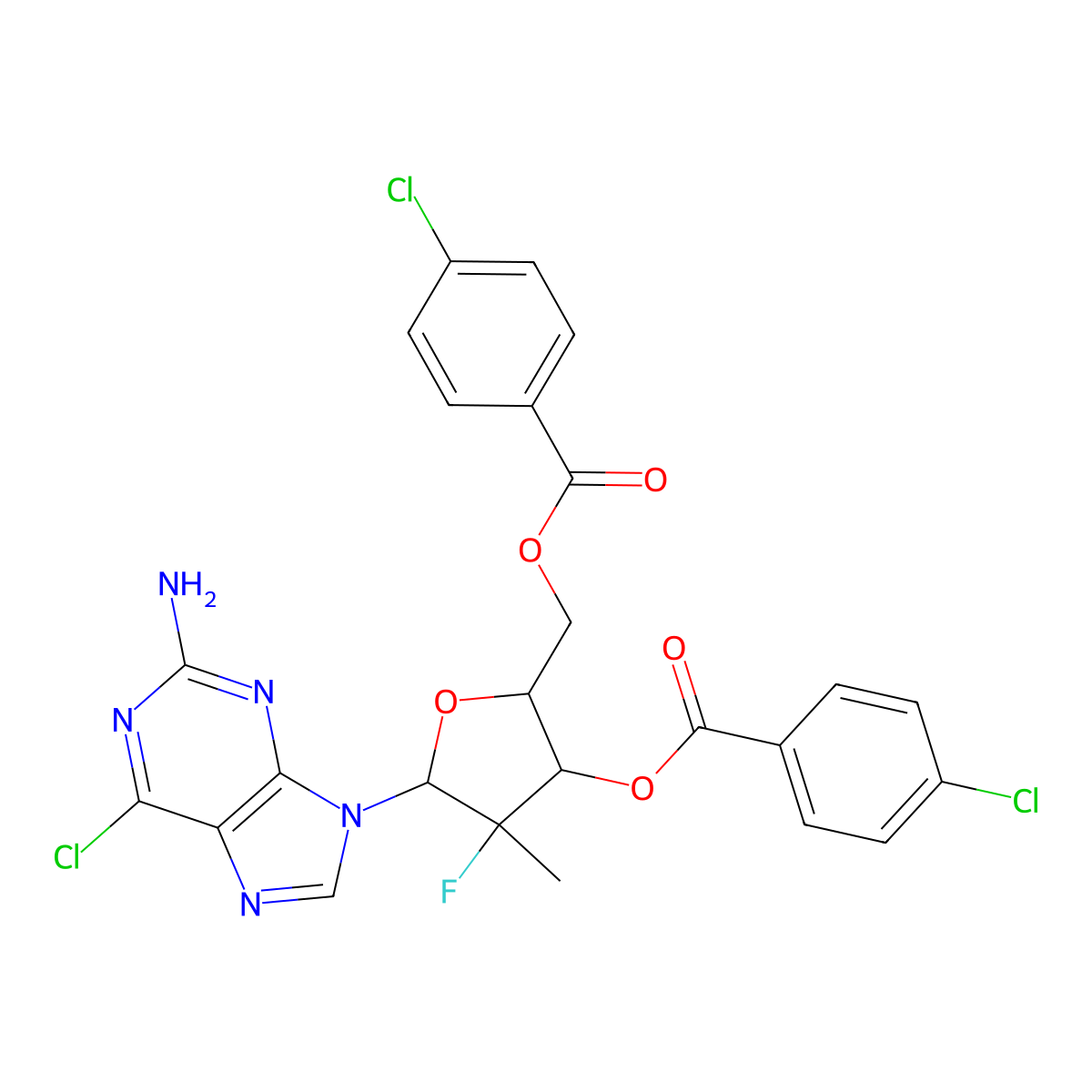 (2R,3R,4R,5R)-5-(2-Amino-6-chloro-9h-purin-9-yl)-2-((4-chlorobenzoyloxy)methyl)-4-fluoro-4-methyloxolan-3-yl 4-chlorobenzoate molecular structure, CAS 1294481-82-5