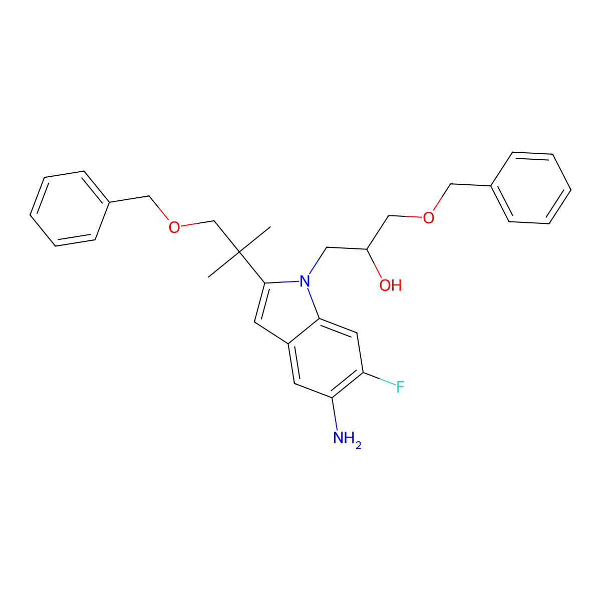 (2R)-1-{5-Amino-2-[1-(benzyloxy)-2-methyl-2-propanyl]-6-fluoro-1H-indol-1-yl}-3-(benzyloxy)-2-propanol molecular structure, CAS 1294504-67-8
